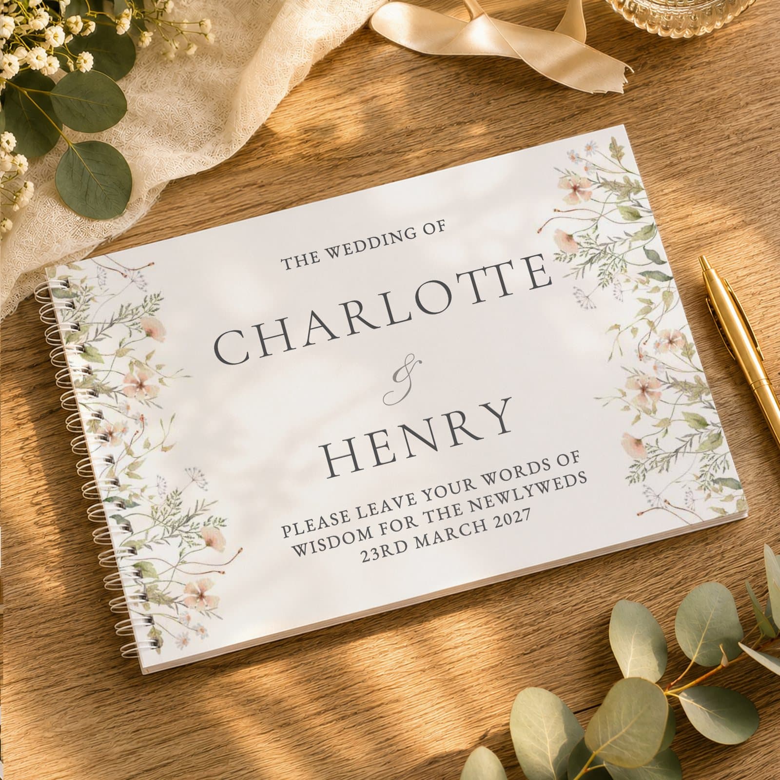Personalised peach wild flowers spiral bound wedding guest book