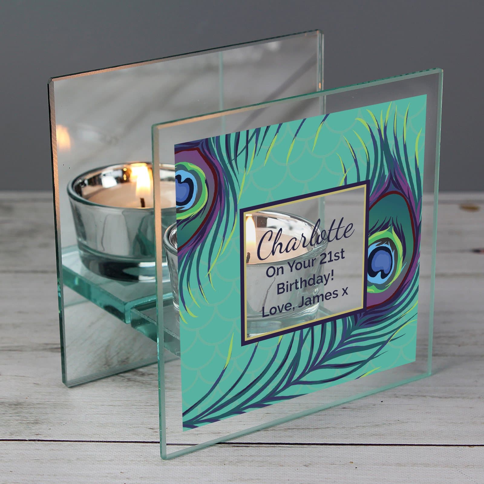 Personalised peacock mirrored glass tea light holder