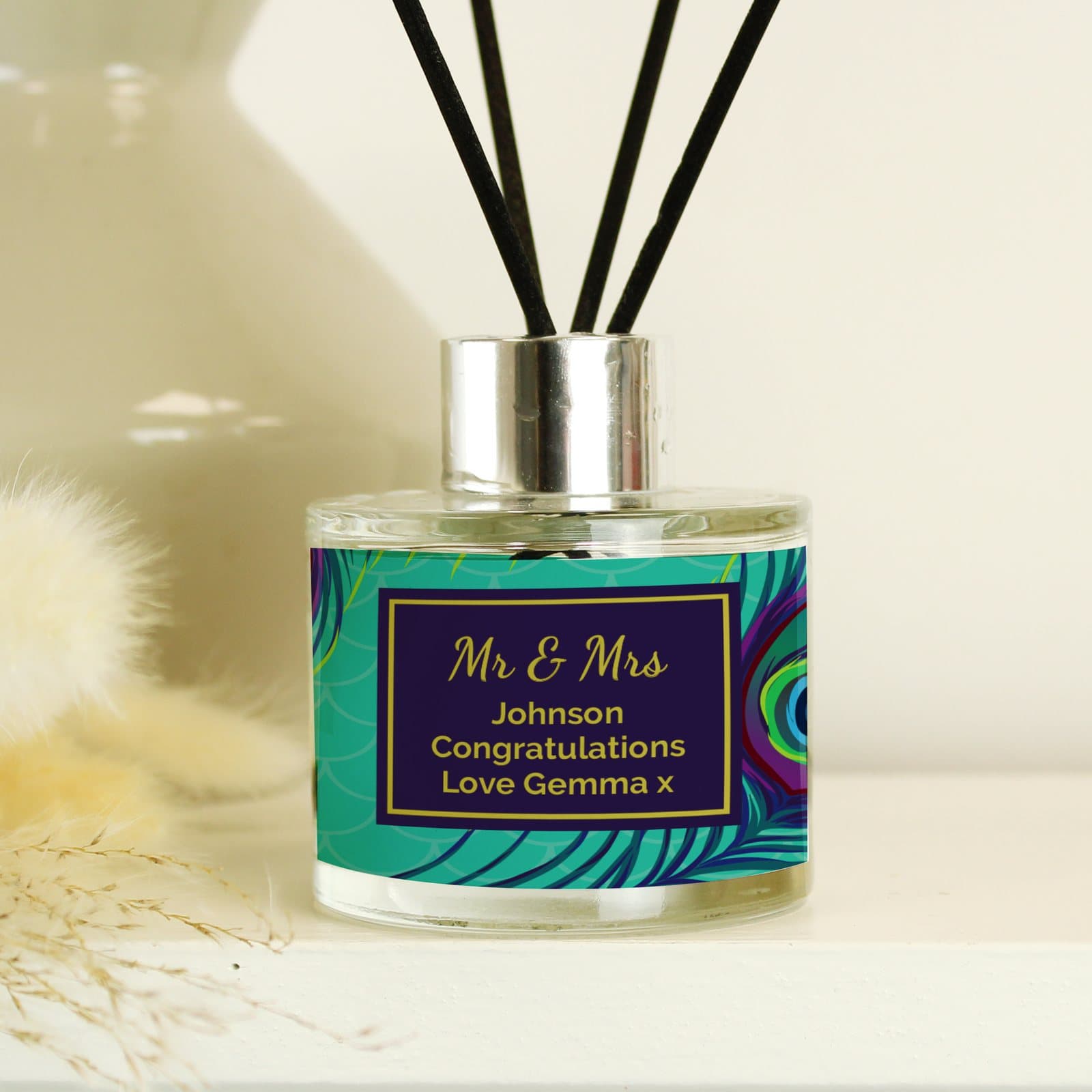 Personalised peacock design glass reed diffuser