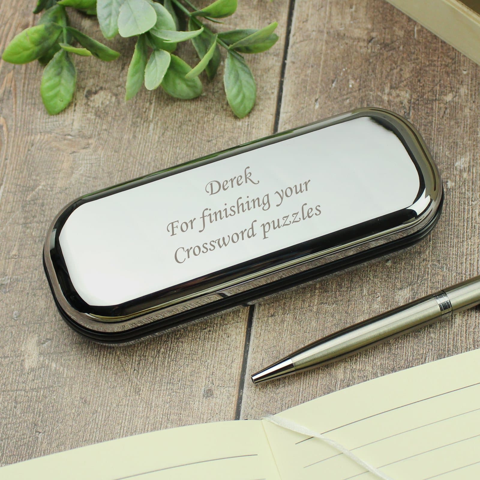 Chrome plated ball point pen with a lined box, engraved