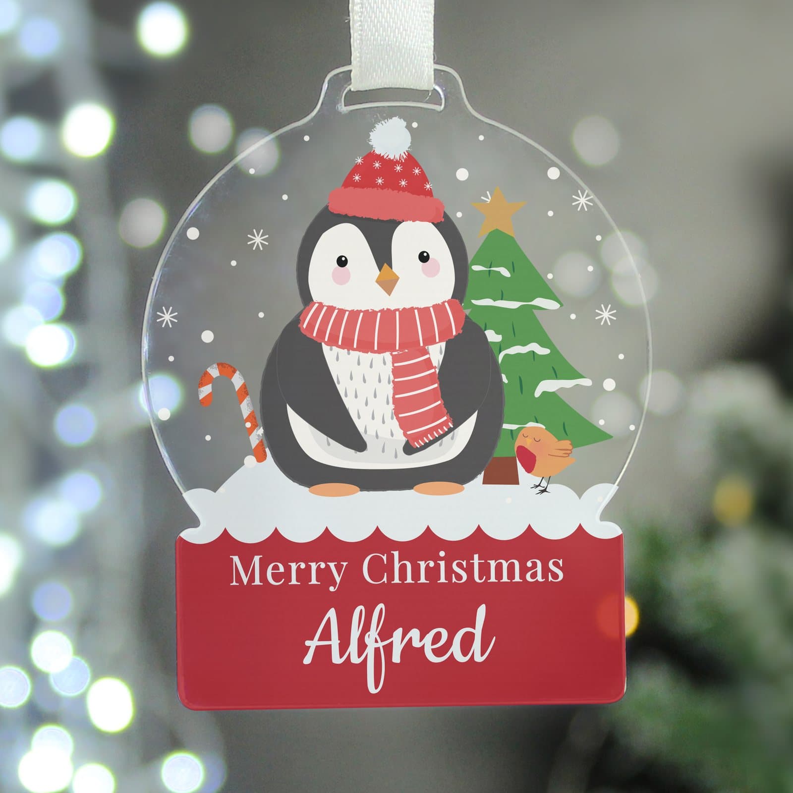 Acrylic penguin snow globe shaped Christmas tree decoration with white ribbon