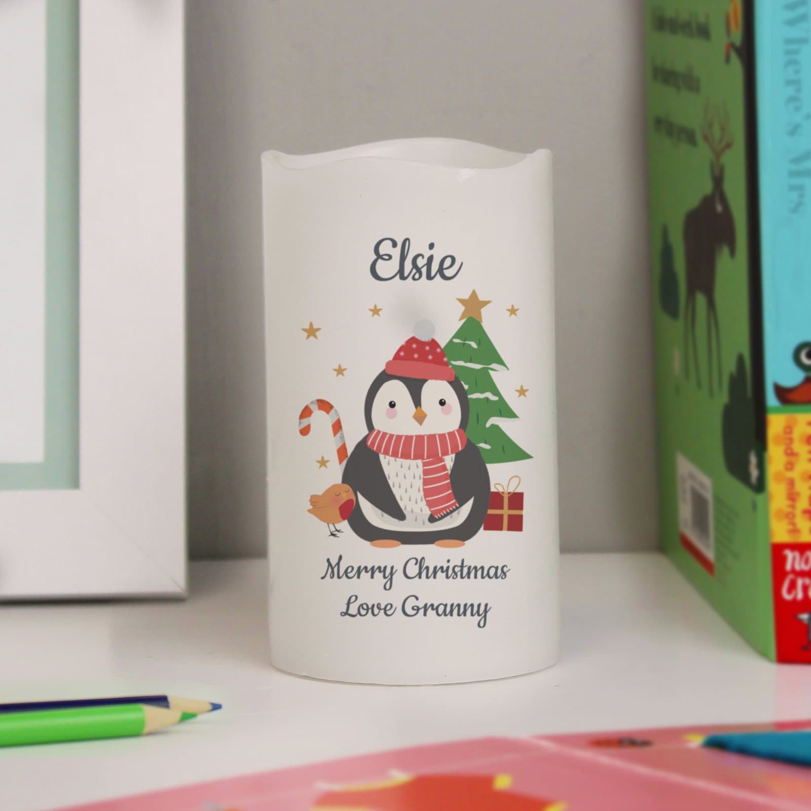 Personalised penguin Christmas LED candle with name and message
