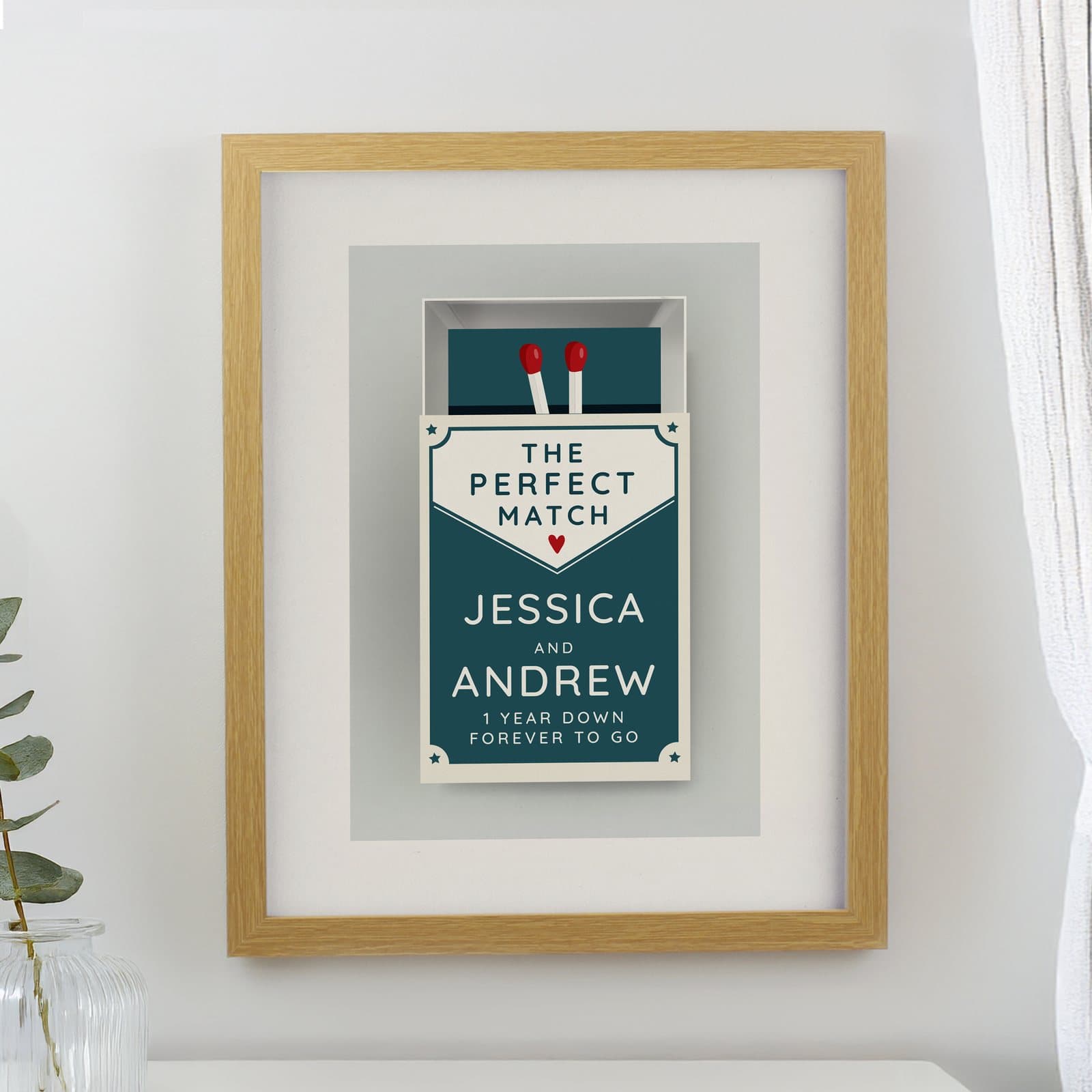 Oak framed print reading The perfect match with two personalised names