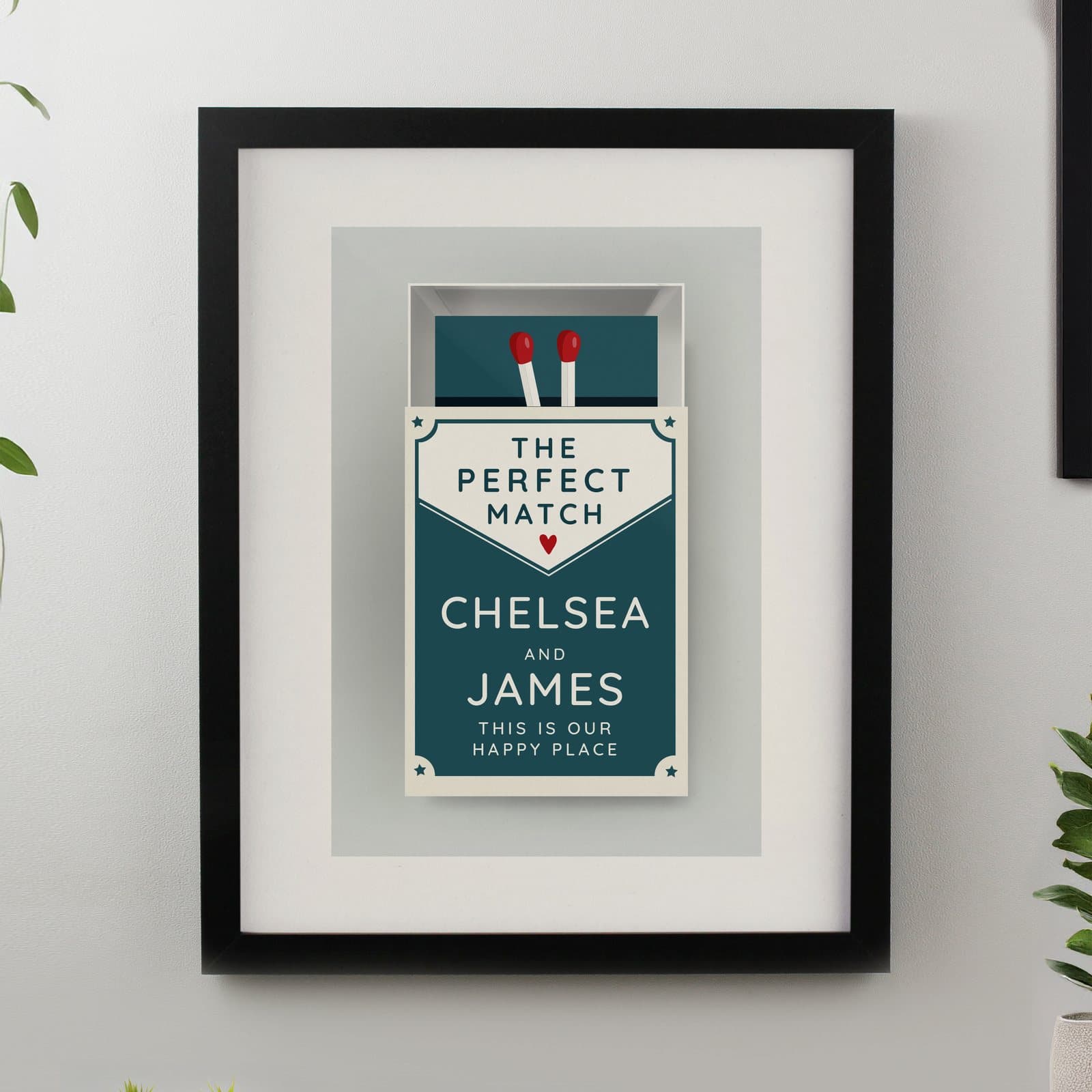 Framed perfect match print with two personalised names in a black or white frame