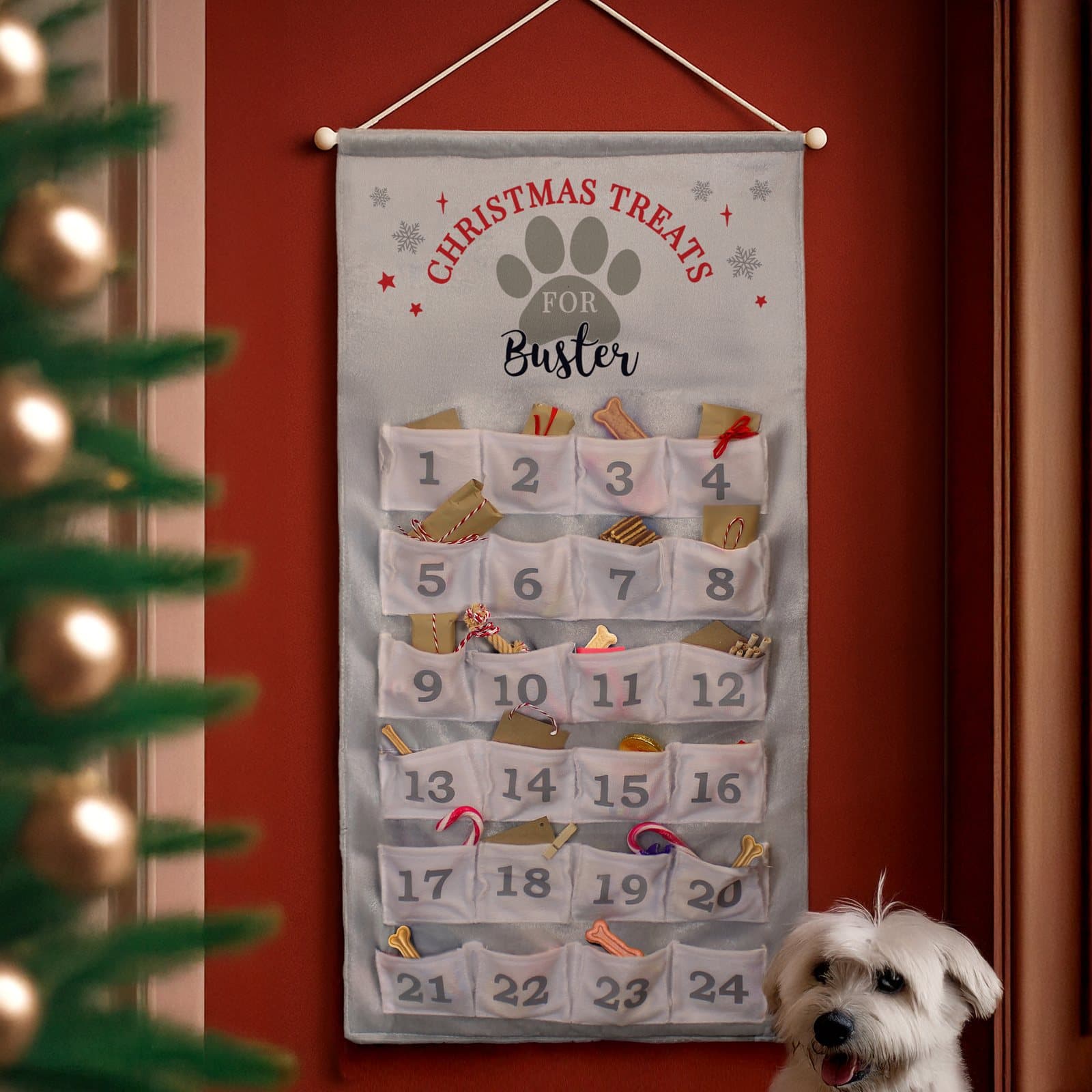 Silver grey pet advent calendar with 24 numbered pockets