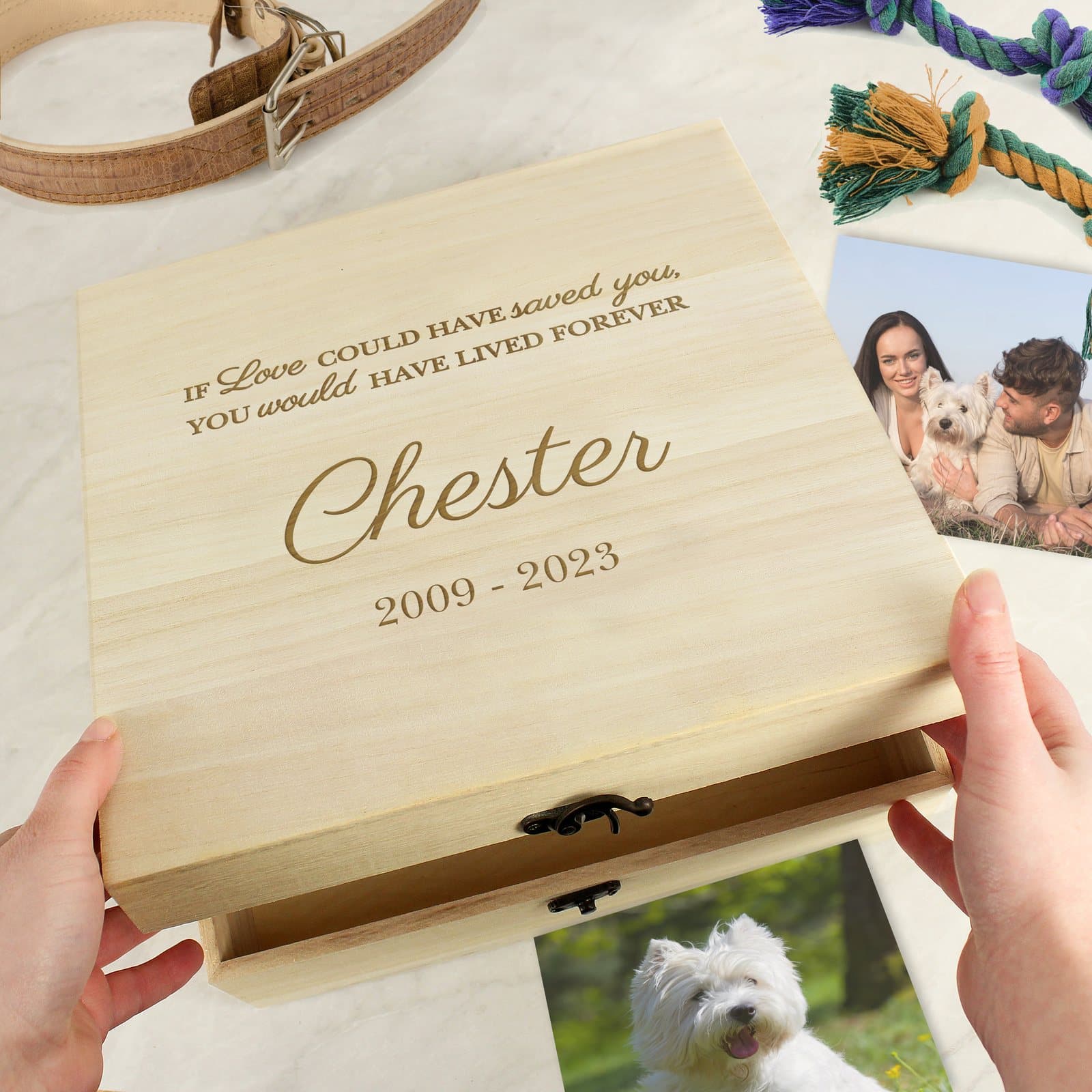 Large wooden pet memorial keepsake box with a metal clasp