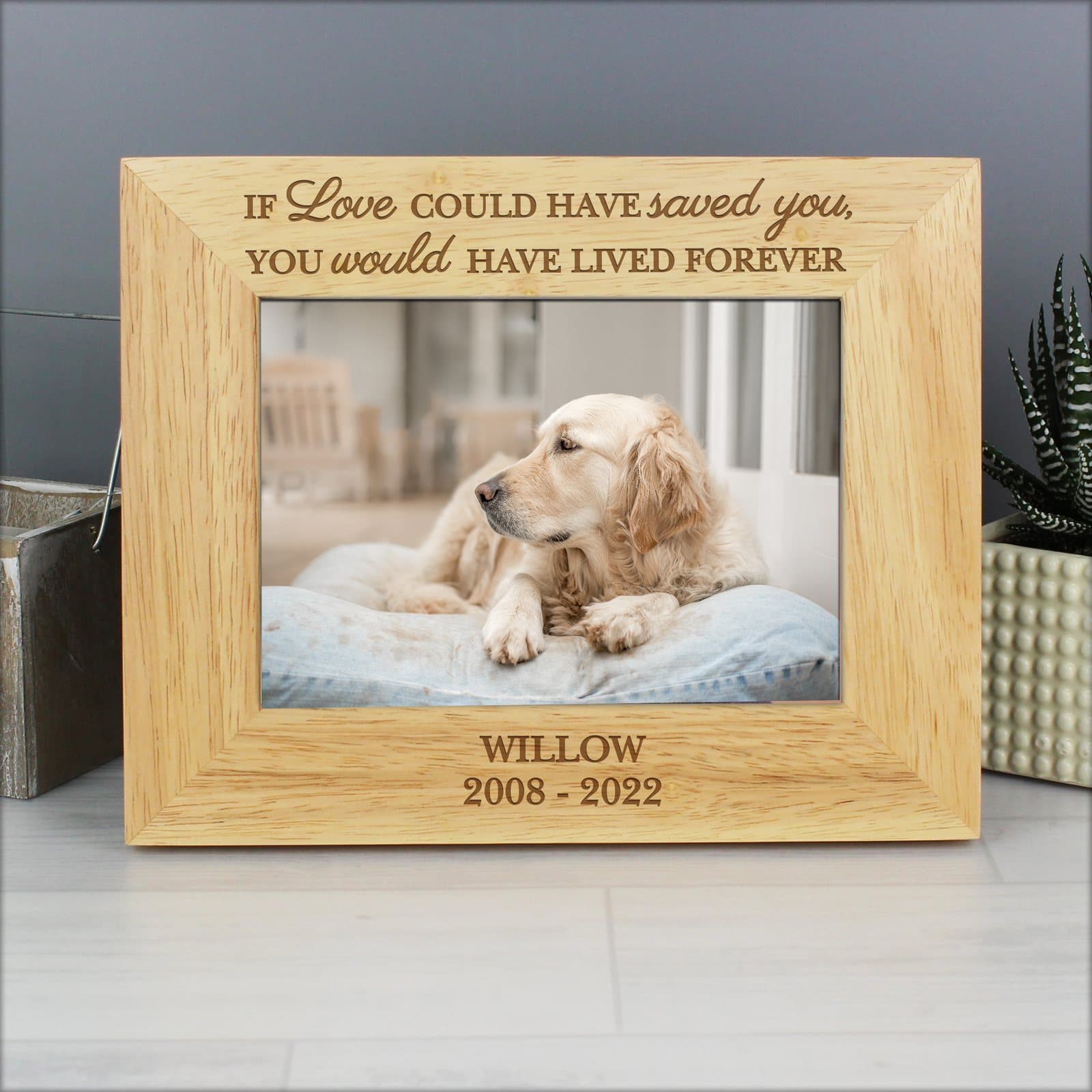 Personalised wooden pet memorial 6x4 photo frame with text below the photograph