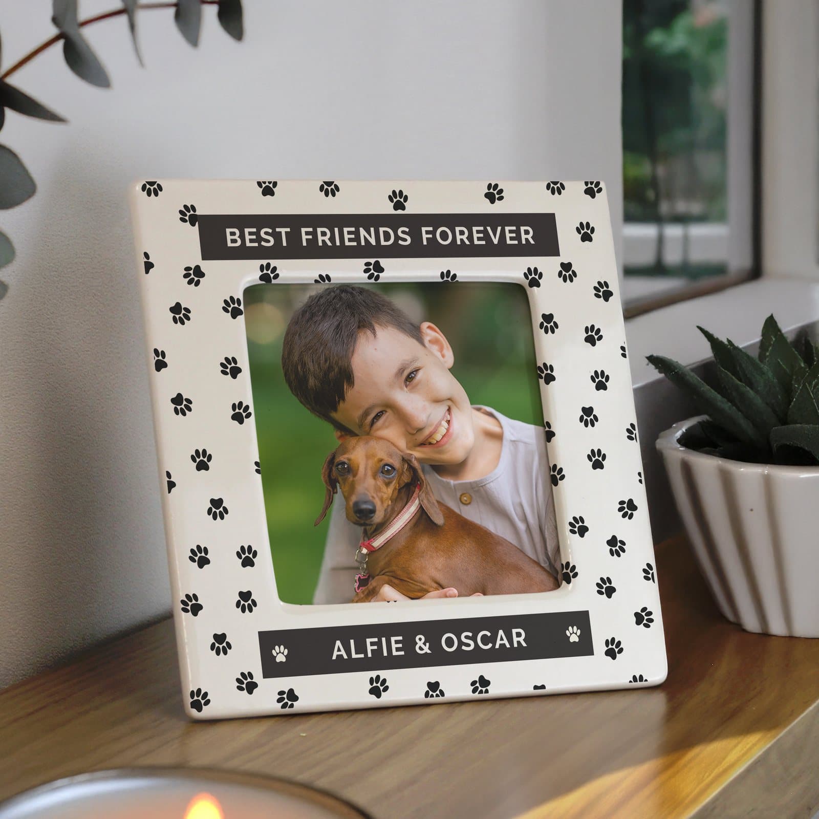 Ceramic 4x4 inch paw print photo frame with personalised text
