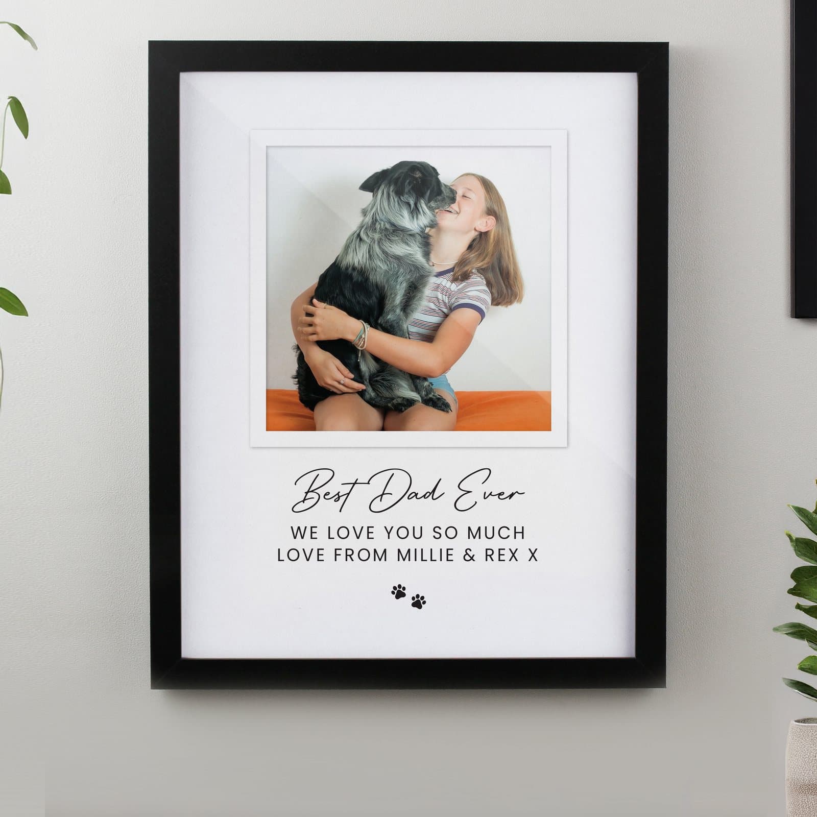 Framed pet photo print with three lines of text in a black or white frame