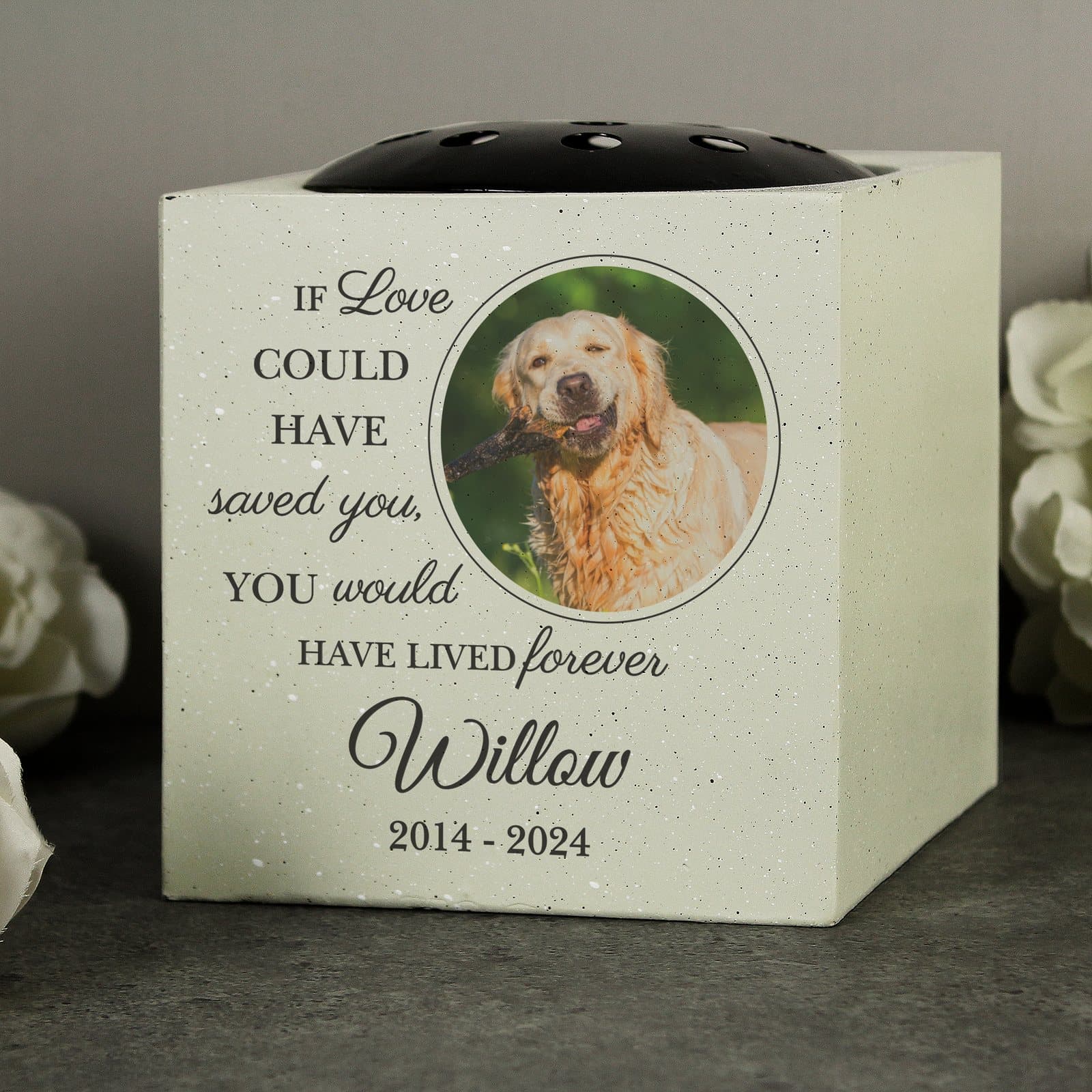 Resin pet memorial garden vase with a pet photo and two lines of text