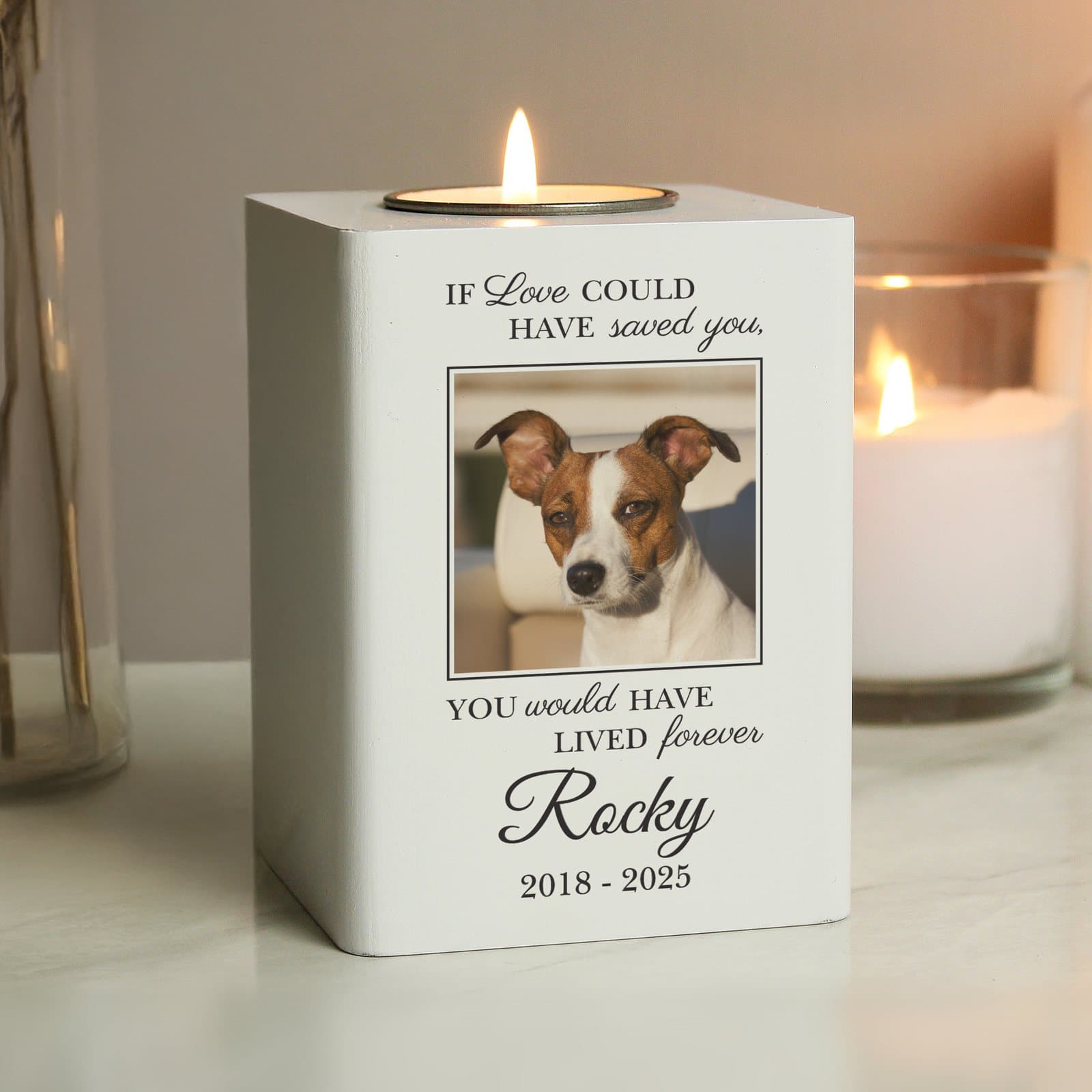 Painted wooden pet memorial tealight holder with a photo and two lines