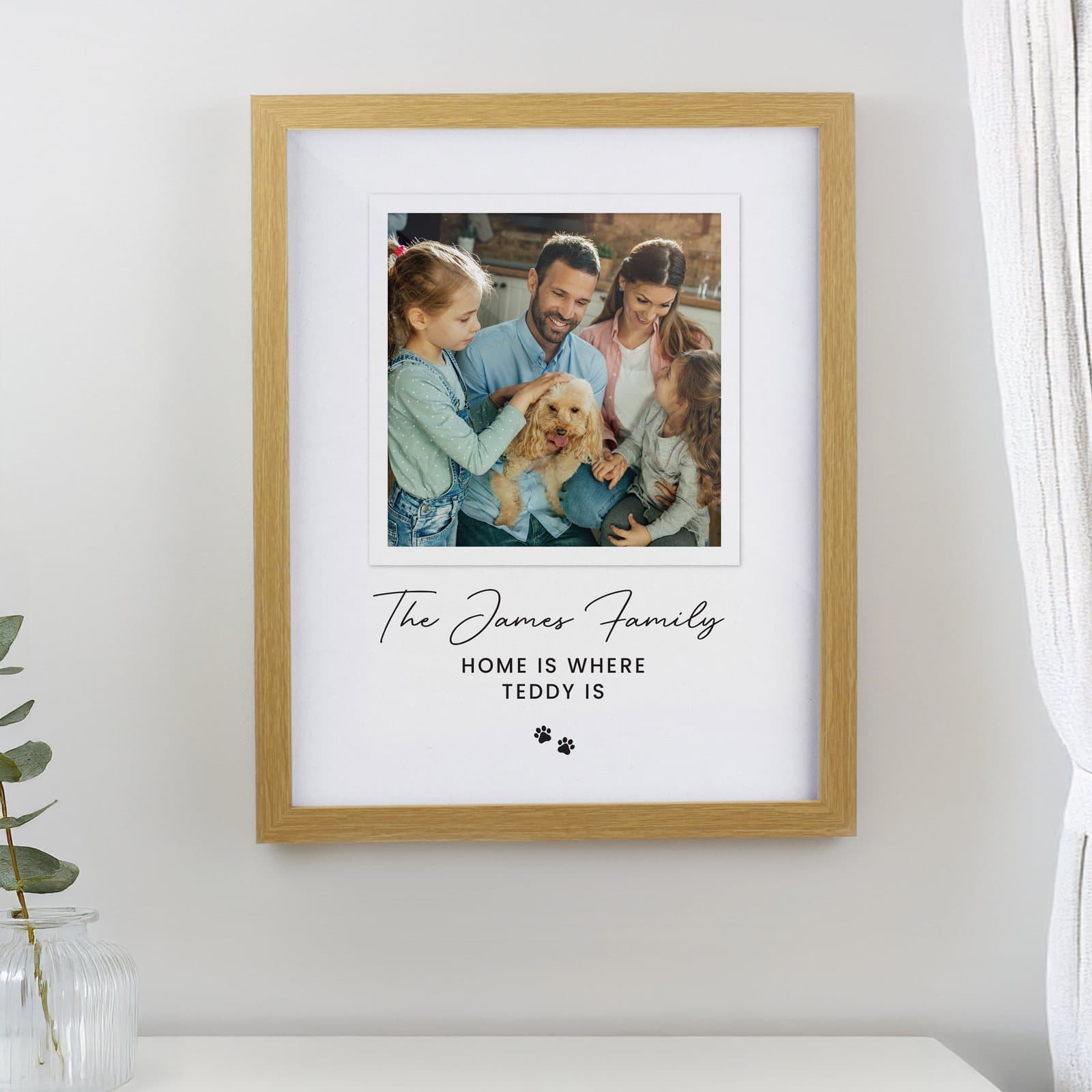 Pet photo framed print in an oak frame with three lines of text