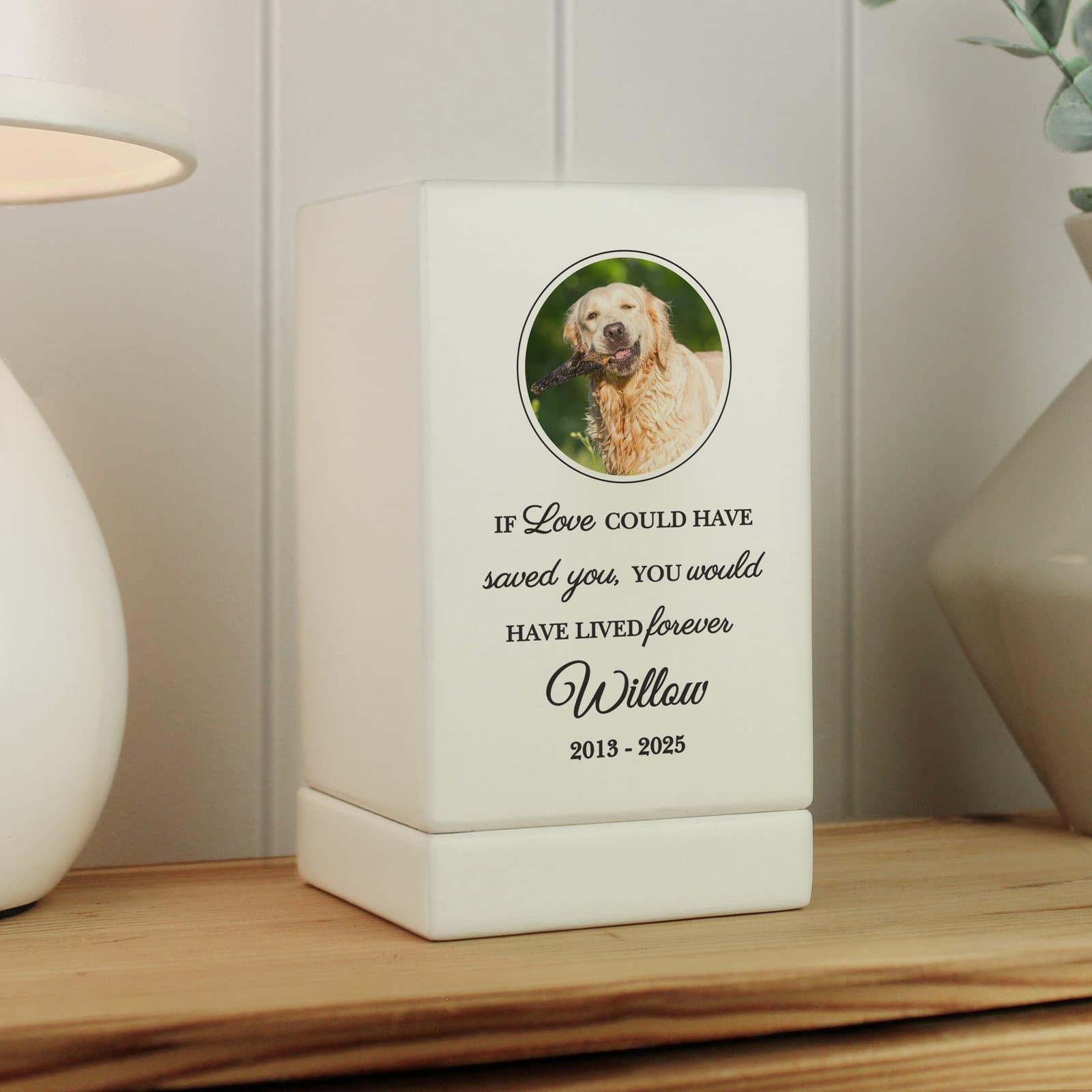 Small wooden pet urn with a photo and two lines of personalised text