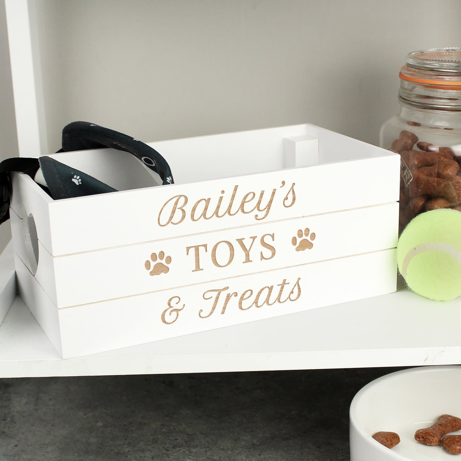 White wooden pet crate with heart shaped handles