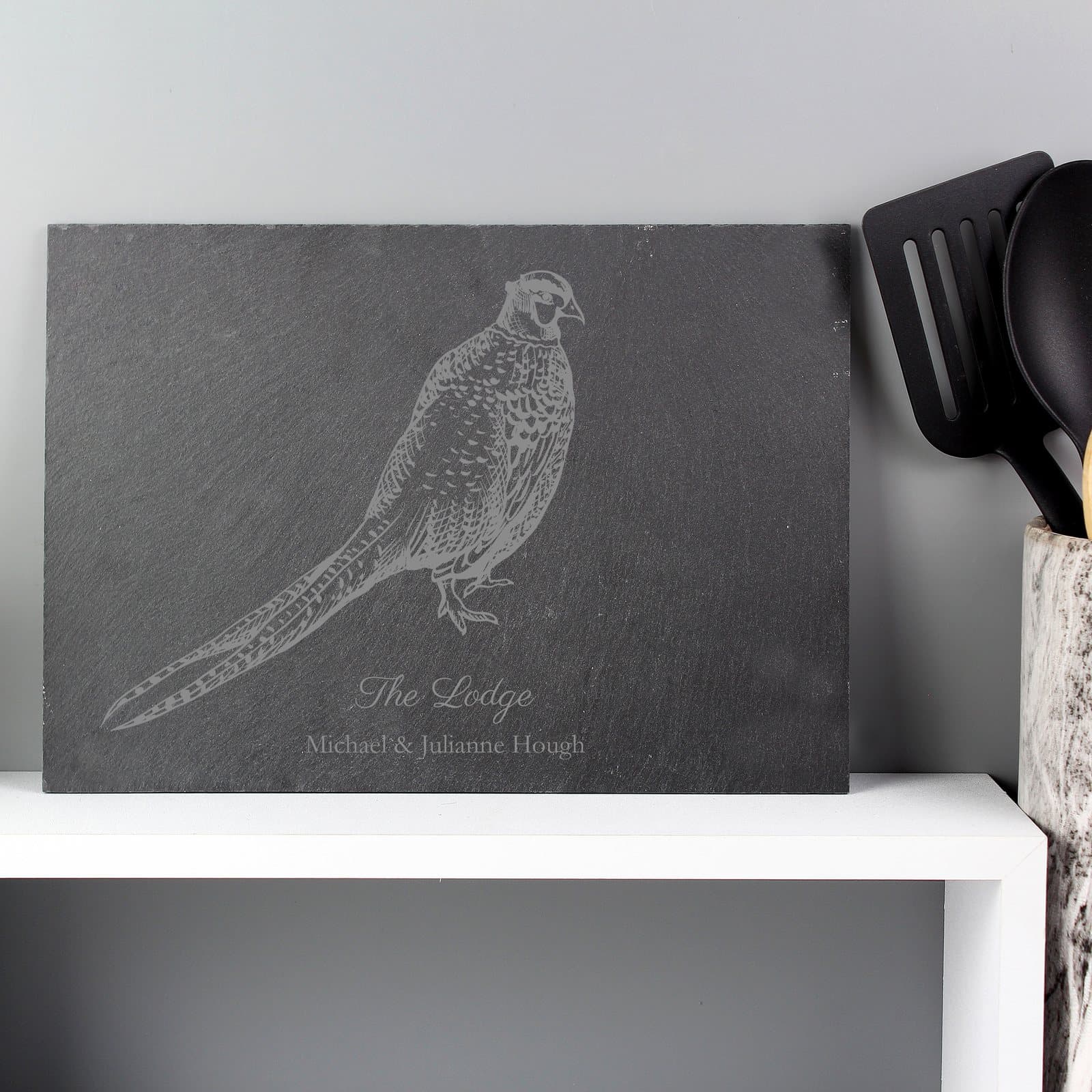 Pheasant slate placemat with two lines of personalised text