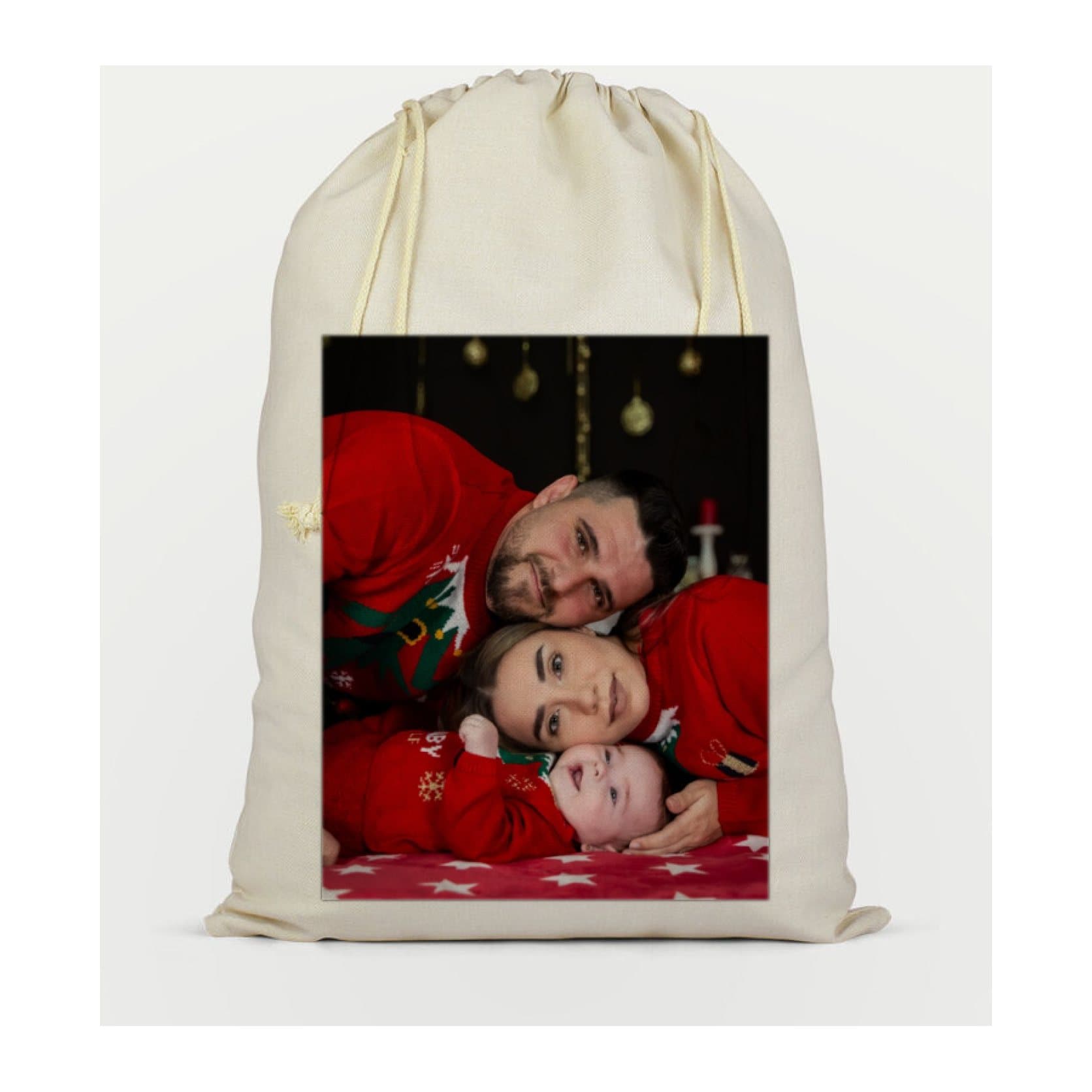 Cotton drawstring sack printed with a family photo in red Christmas jumpers