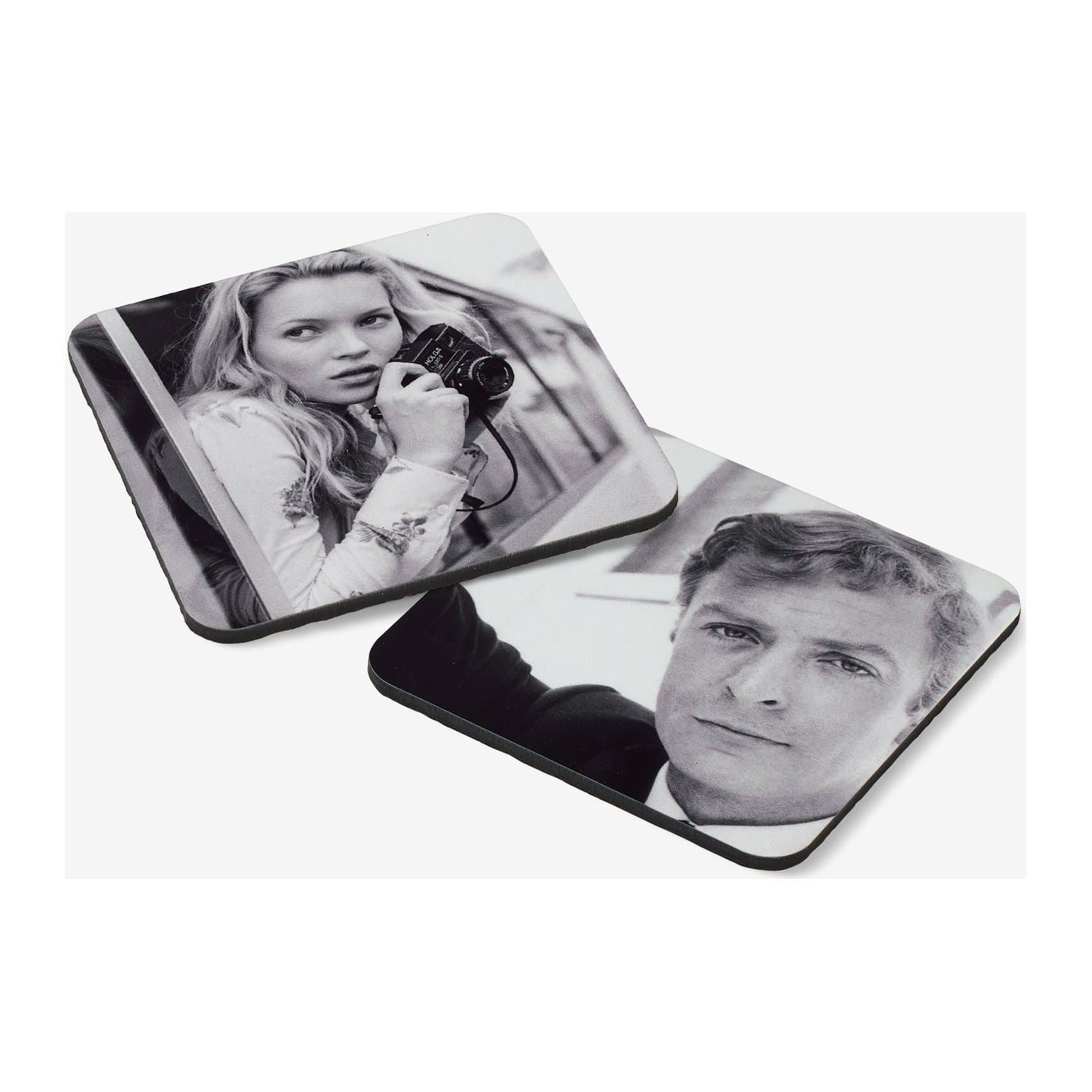 Two glossy square coasters printed with black and white portraits