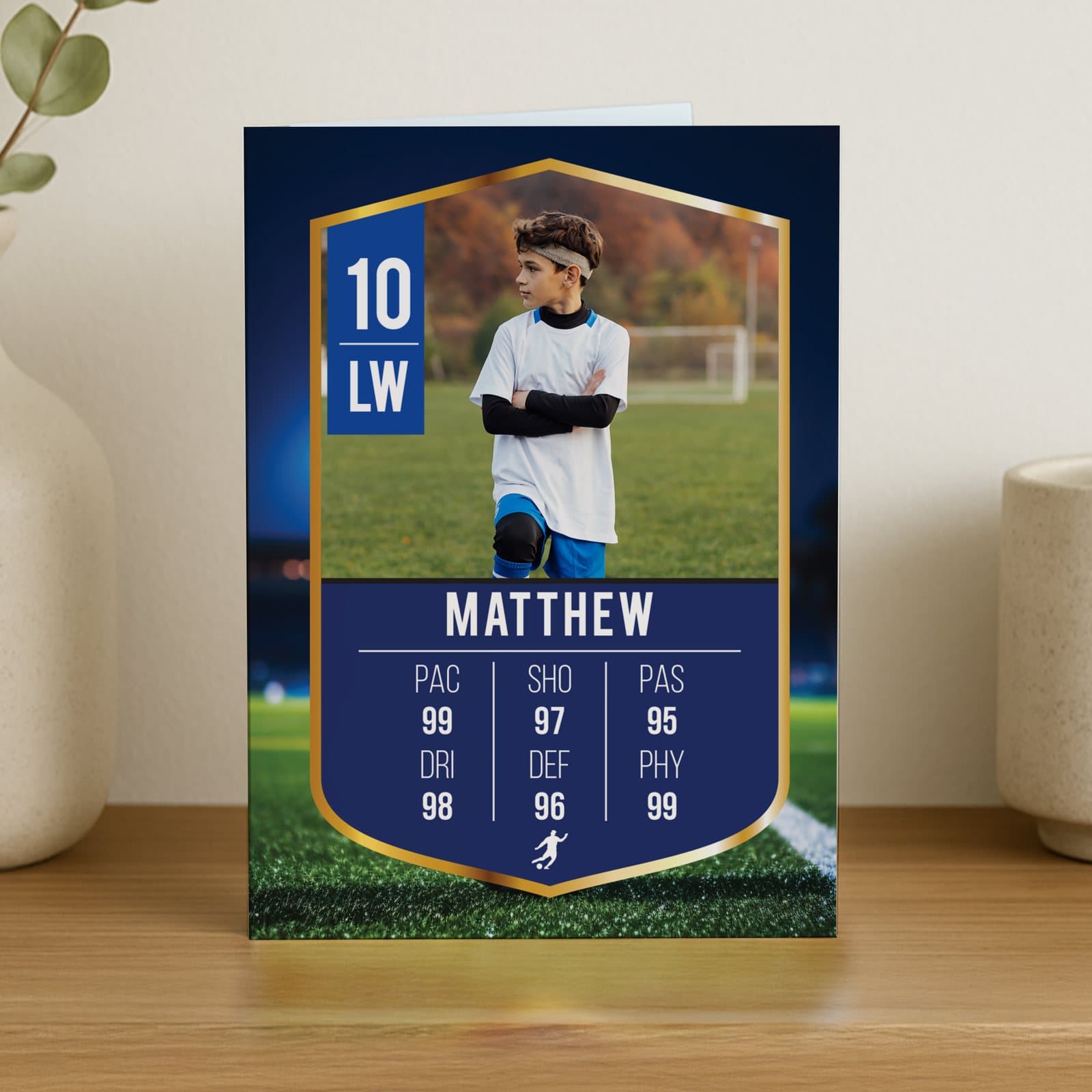 Football birthday card with a photo and player stats