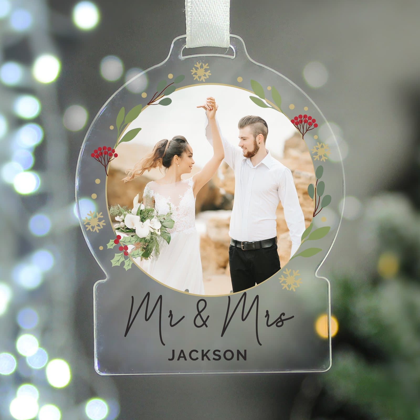 Personalised acrylic photo Christmas decoration with ribbon