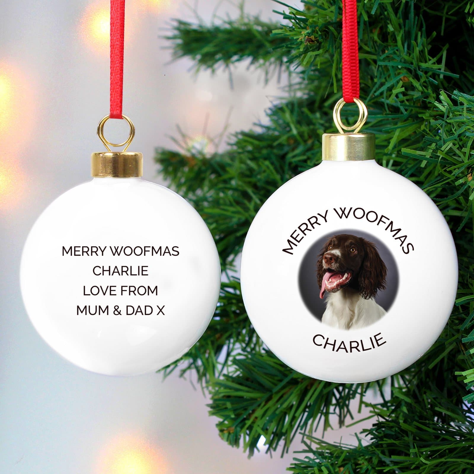 Christmas bauble with a photo and message, on a ribbon