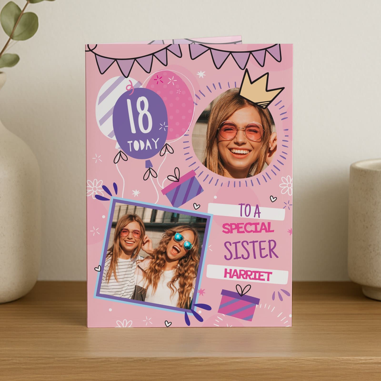 Pink or blue birthday card with photos, an age and lines of text