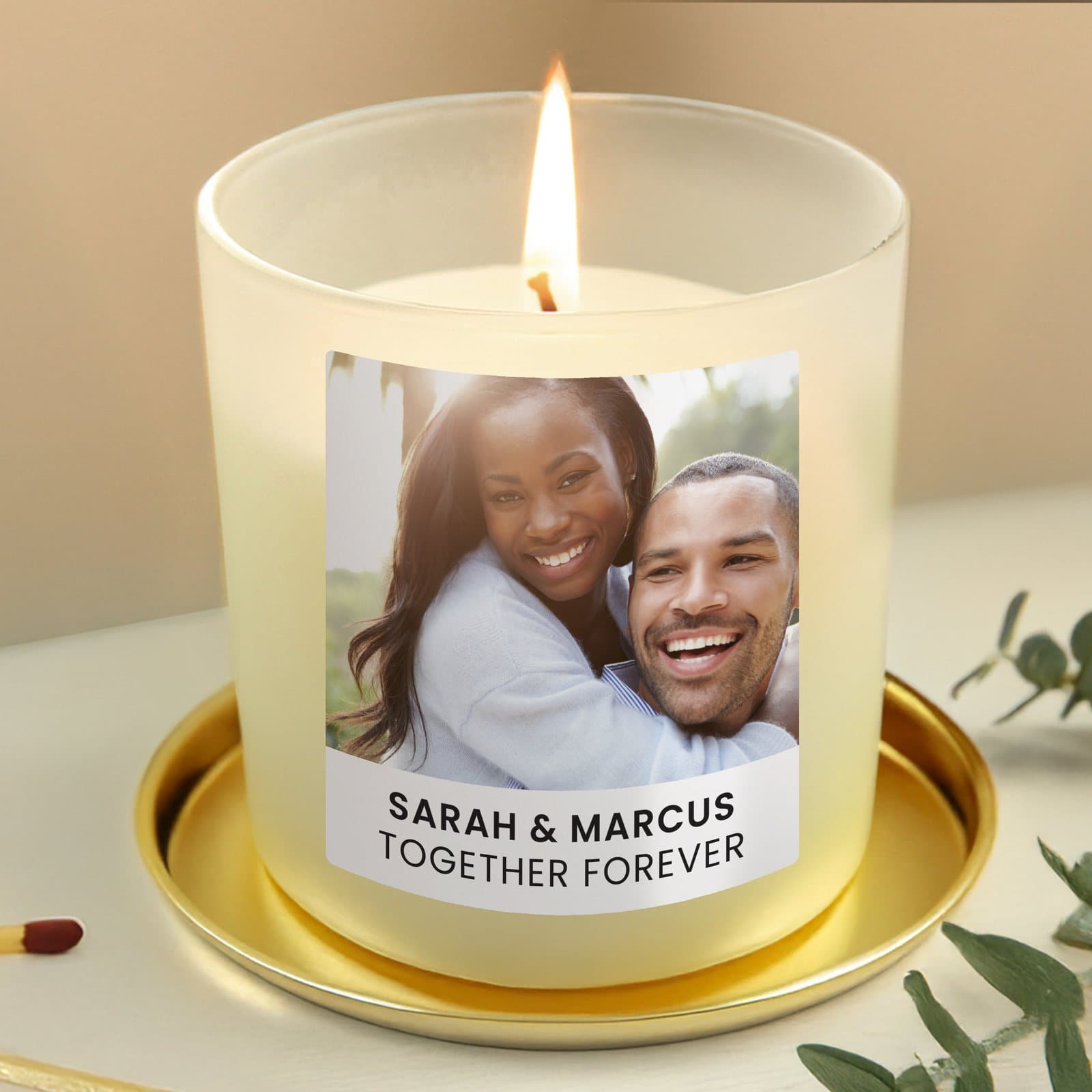 Vanilla scented jar candle personalised with a photo and two lines of text