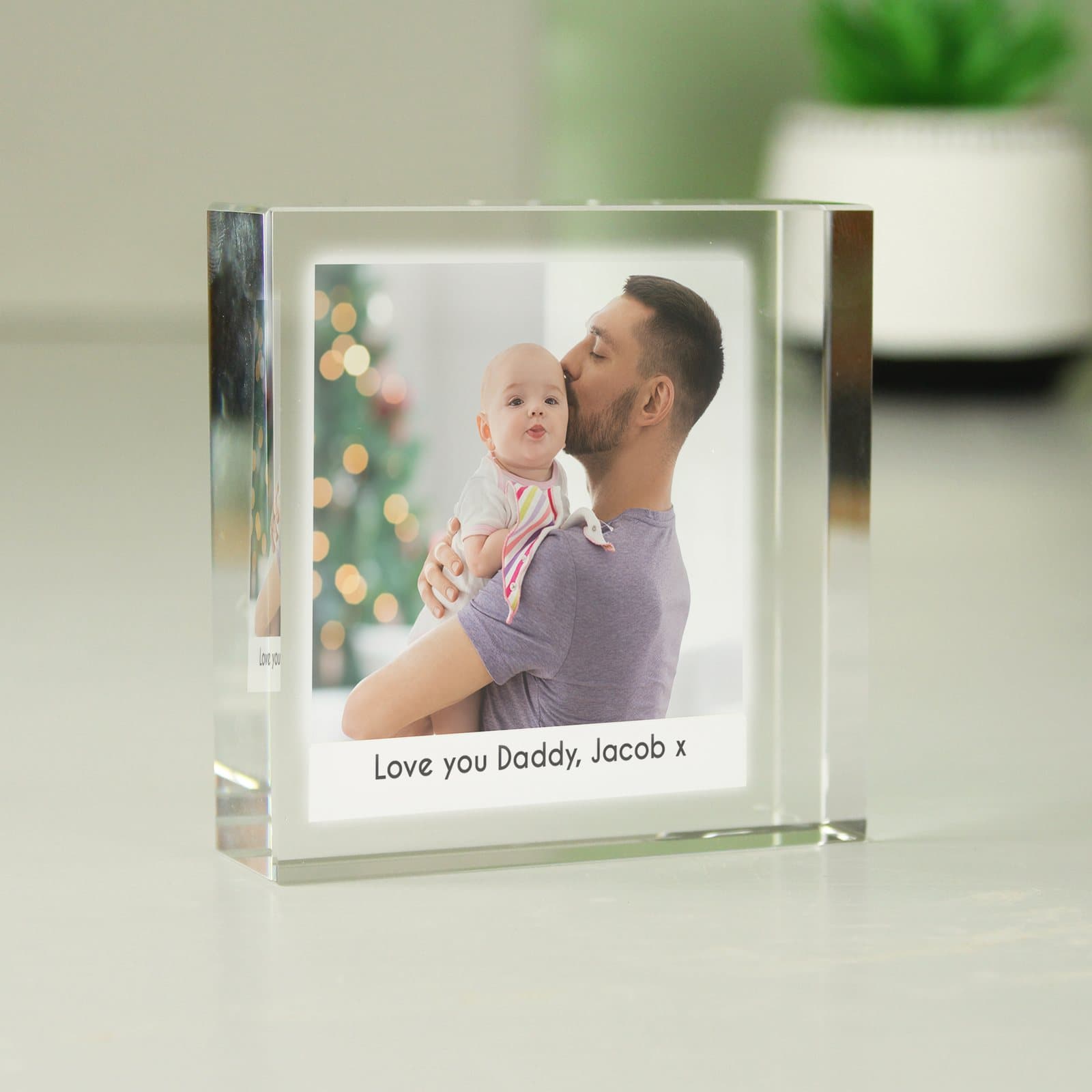Crystal token with a printed photo and message line