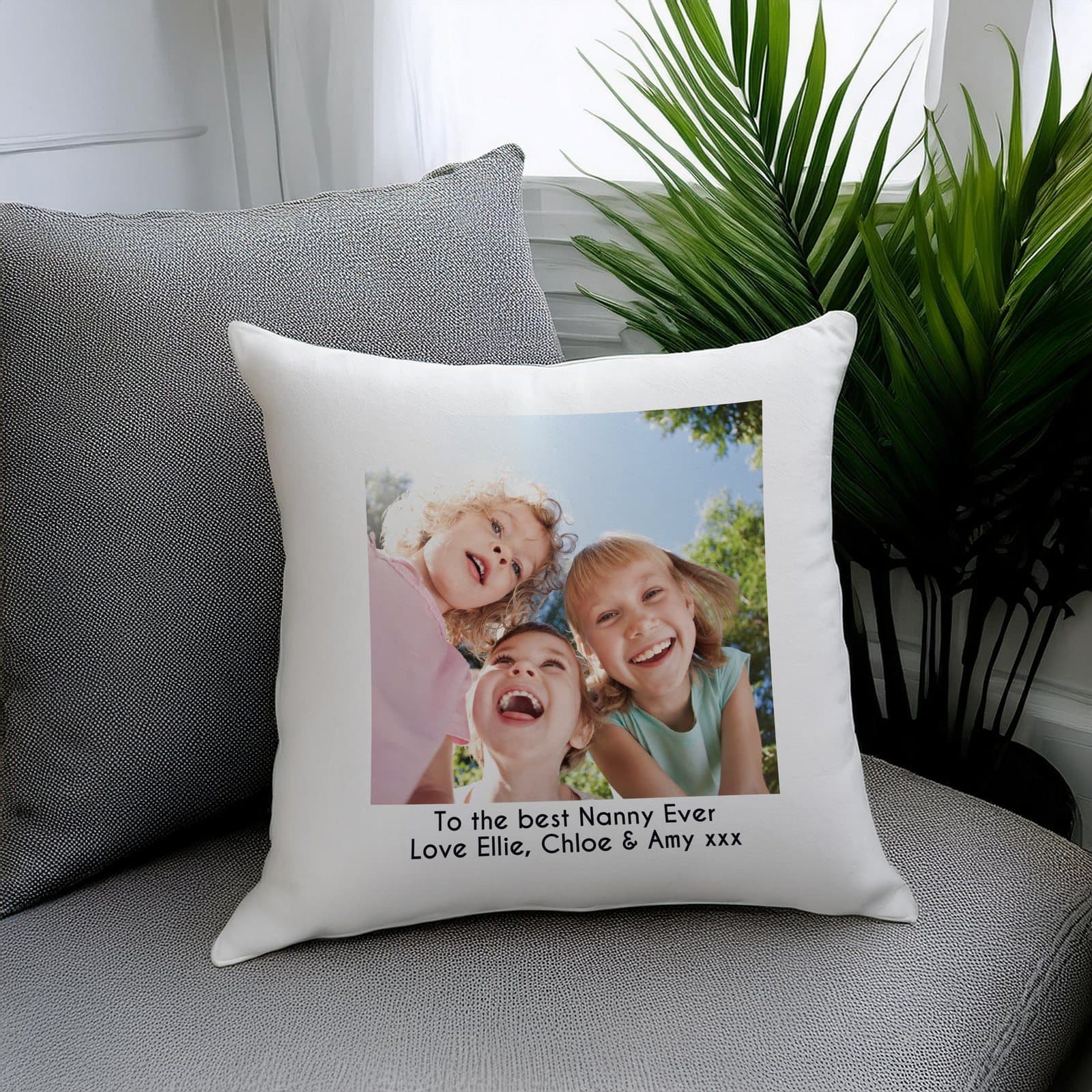 Square cushion personalised with a photo and a message