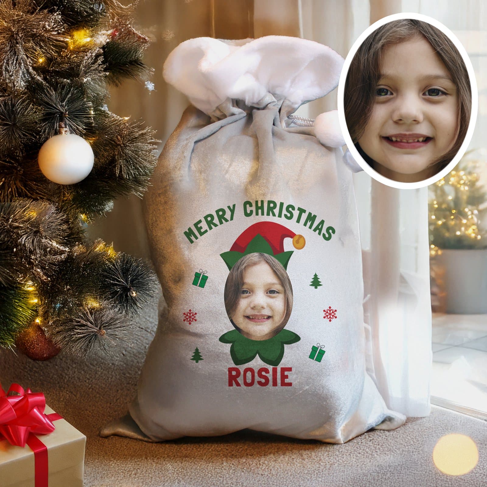 Fleece Christmas sack with a festive elf design and an elasticated opening