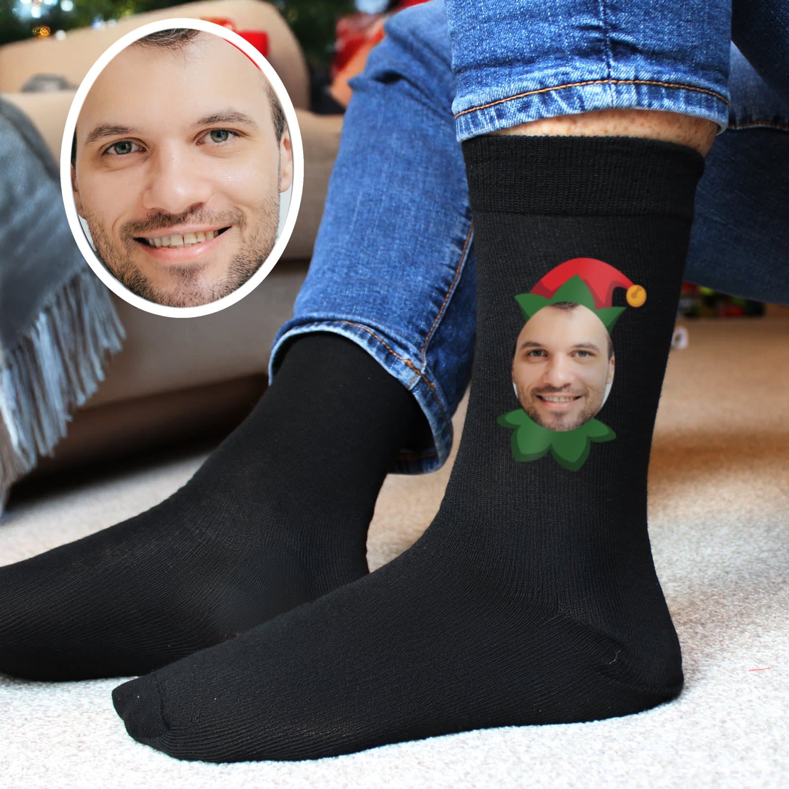 Elf Christmas socks personalised with a photo turned into an elf design
