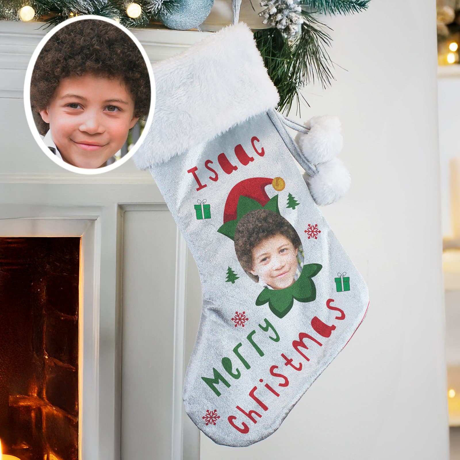 Velvet elf Christmas stocking with a plush white cuff and a hoop at the top