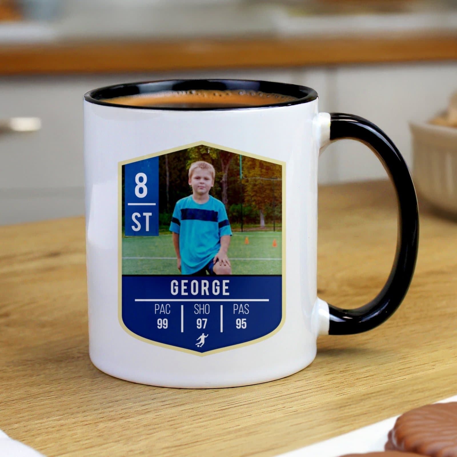Football player stats mug with a photo and black handle