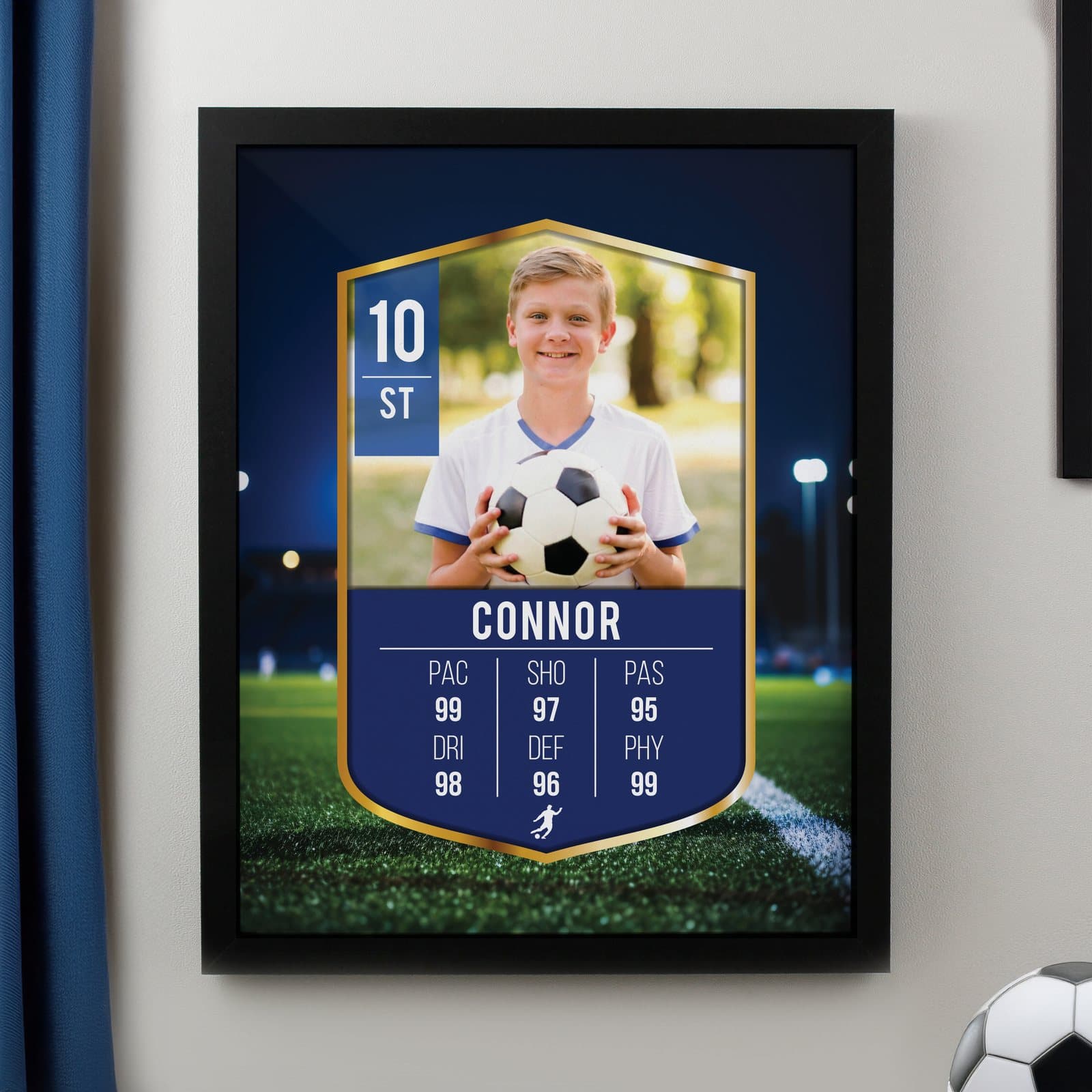 Football card with photo in a large black portrait frame