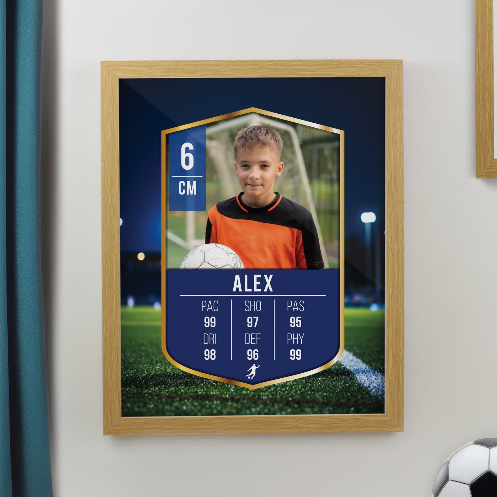Football card with photo in a large oak portrait frame