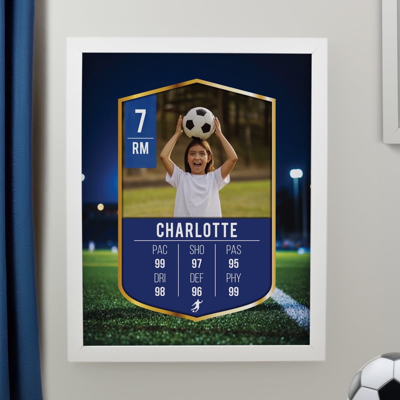 Football card with photo in a large white portrait frame