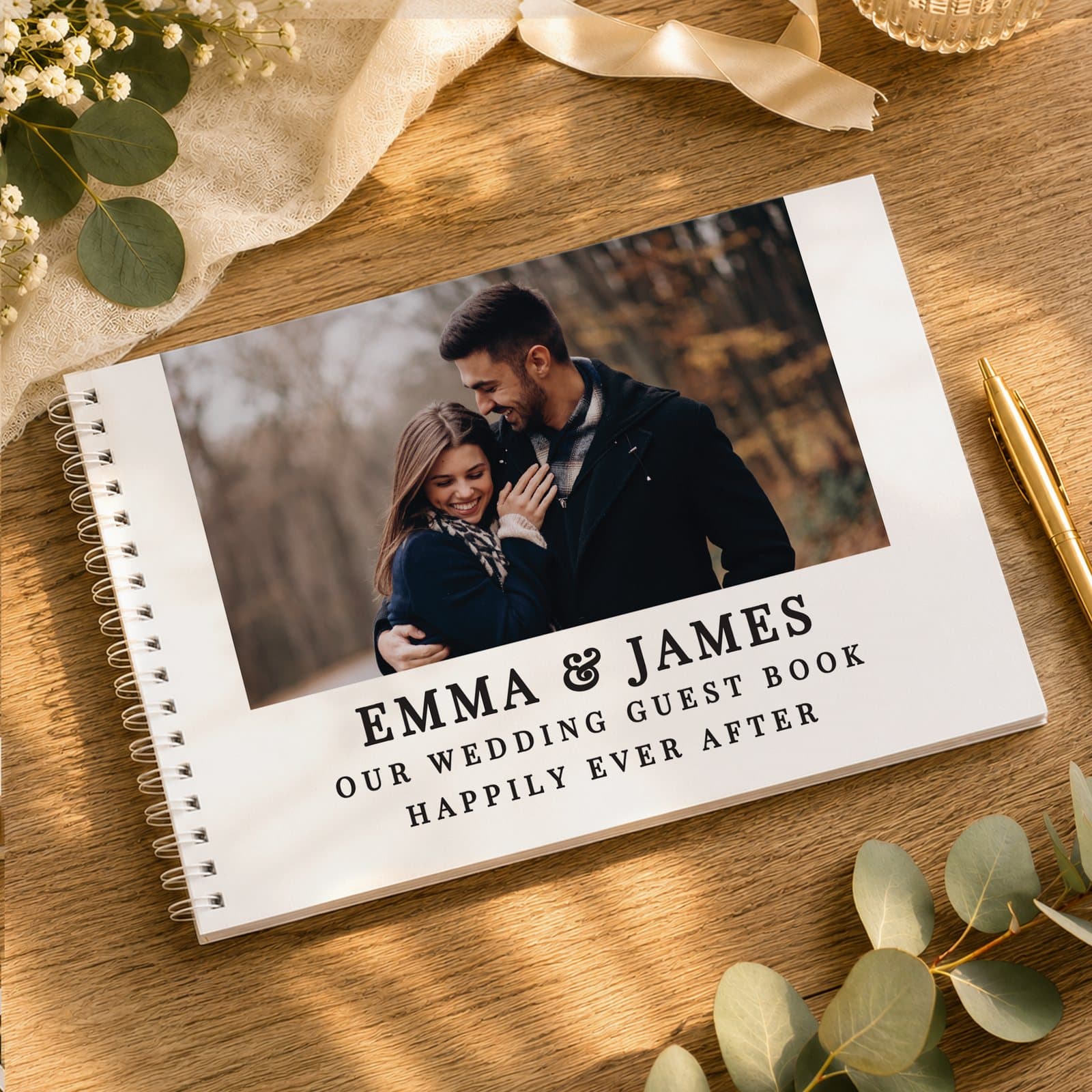 Personalised spiral bound guest book with an uploaded photo and text lines