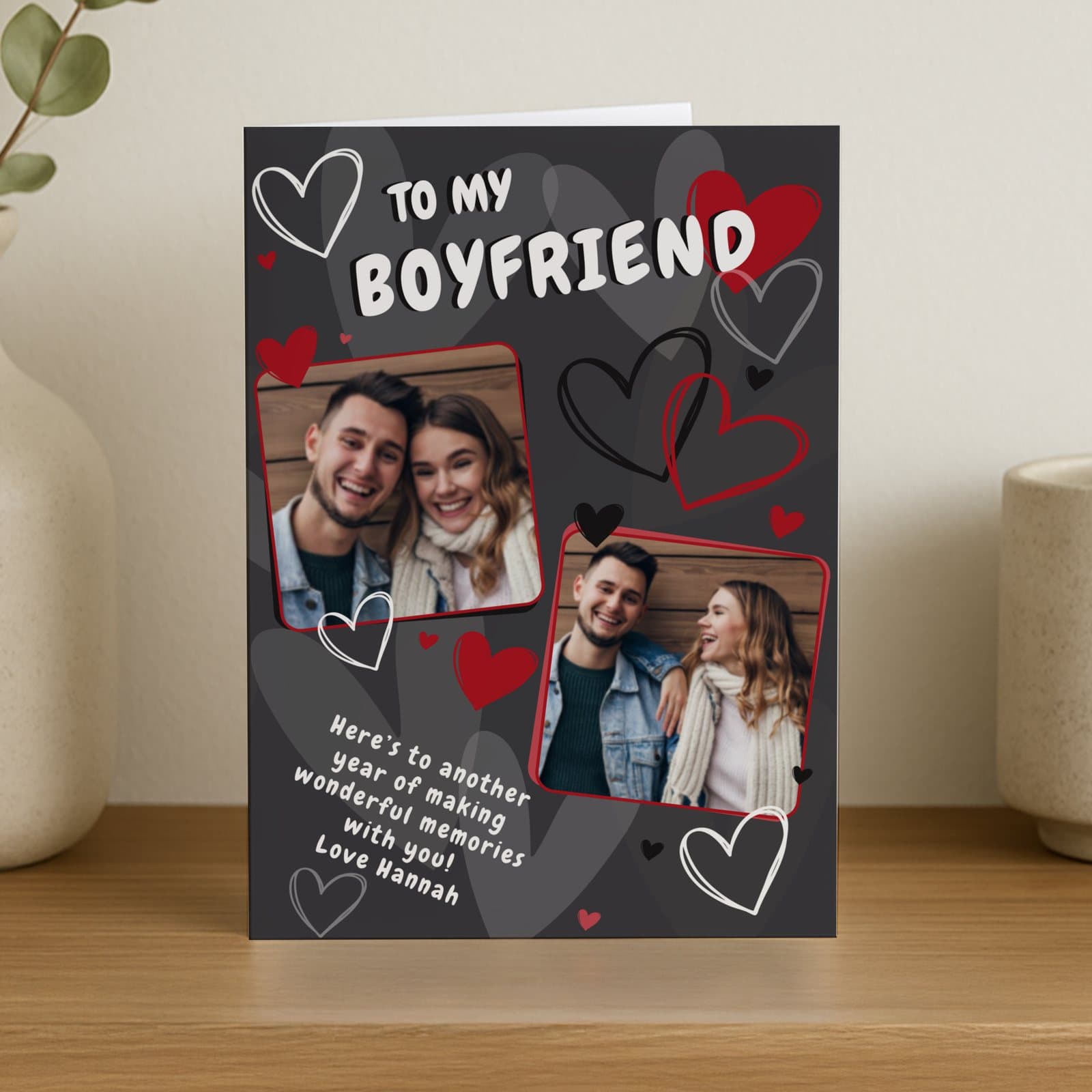Greeting card with hearts and two photos