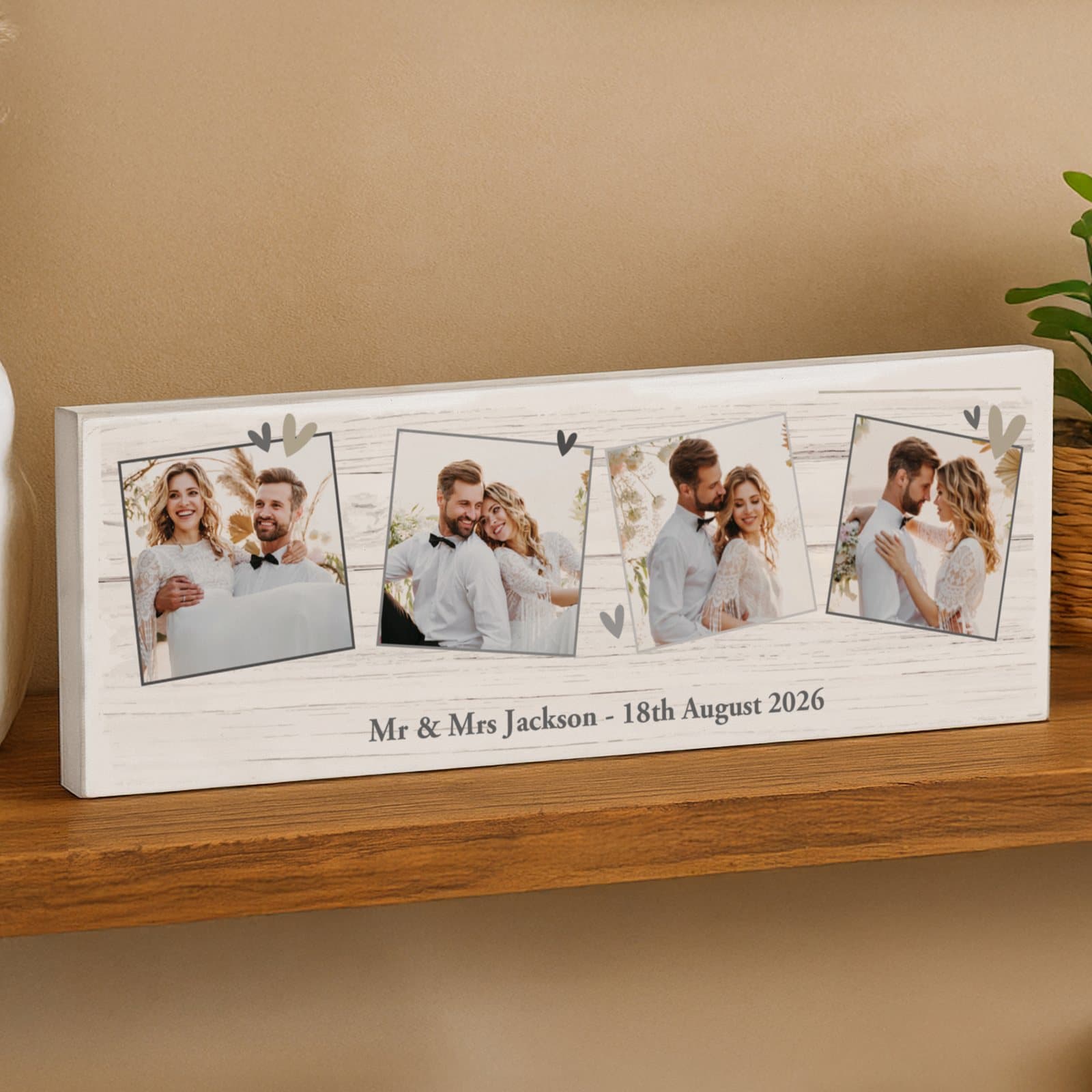 Solid wood mantel block with photos and a line of text