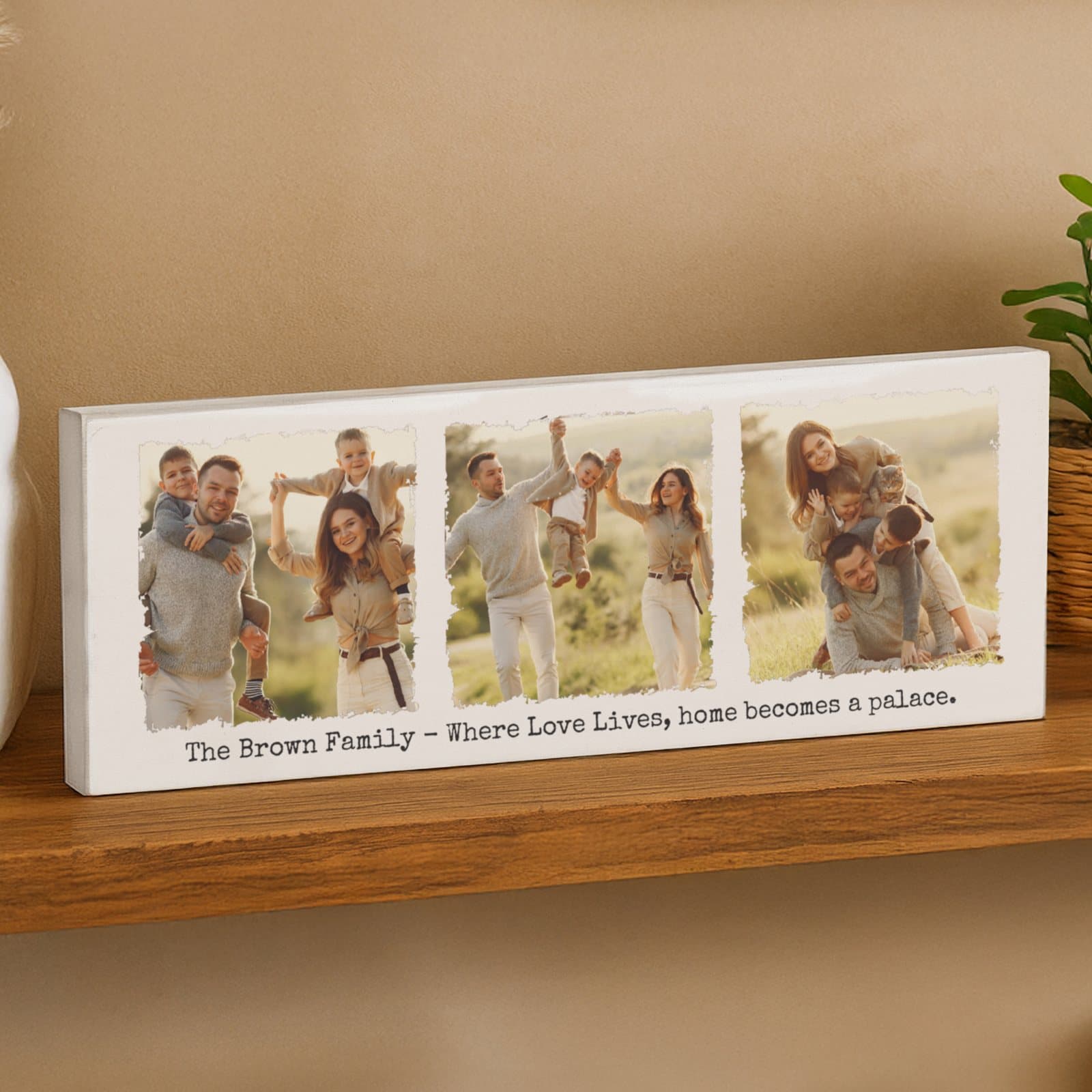 Solid wood mantel block with three photos and a line of text