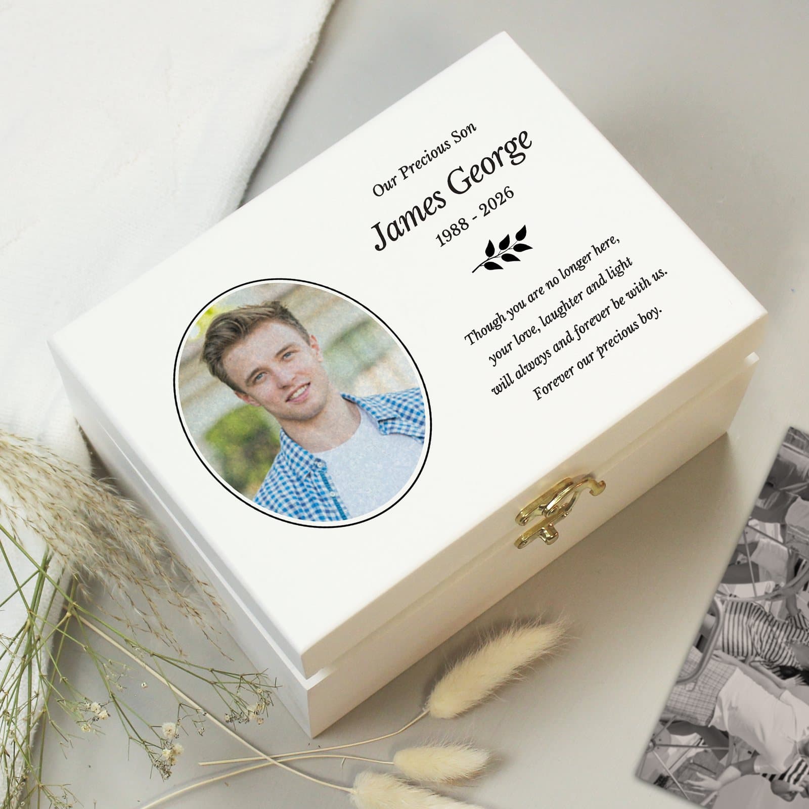 Hand painted wooden keepsake box with a photo and lines of text