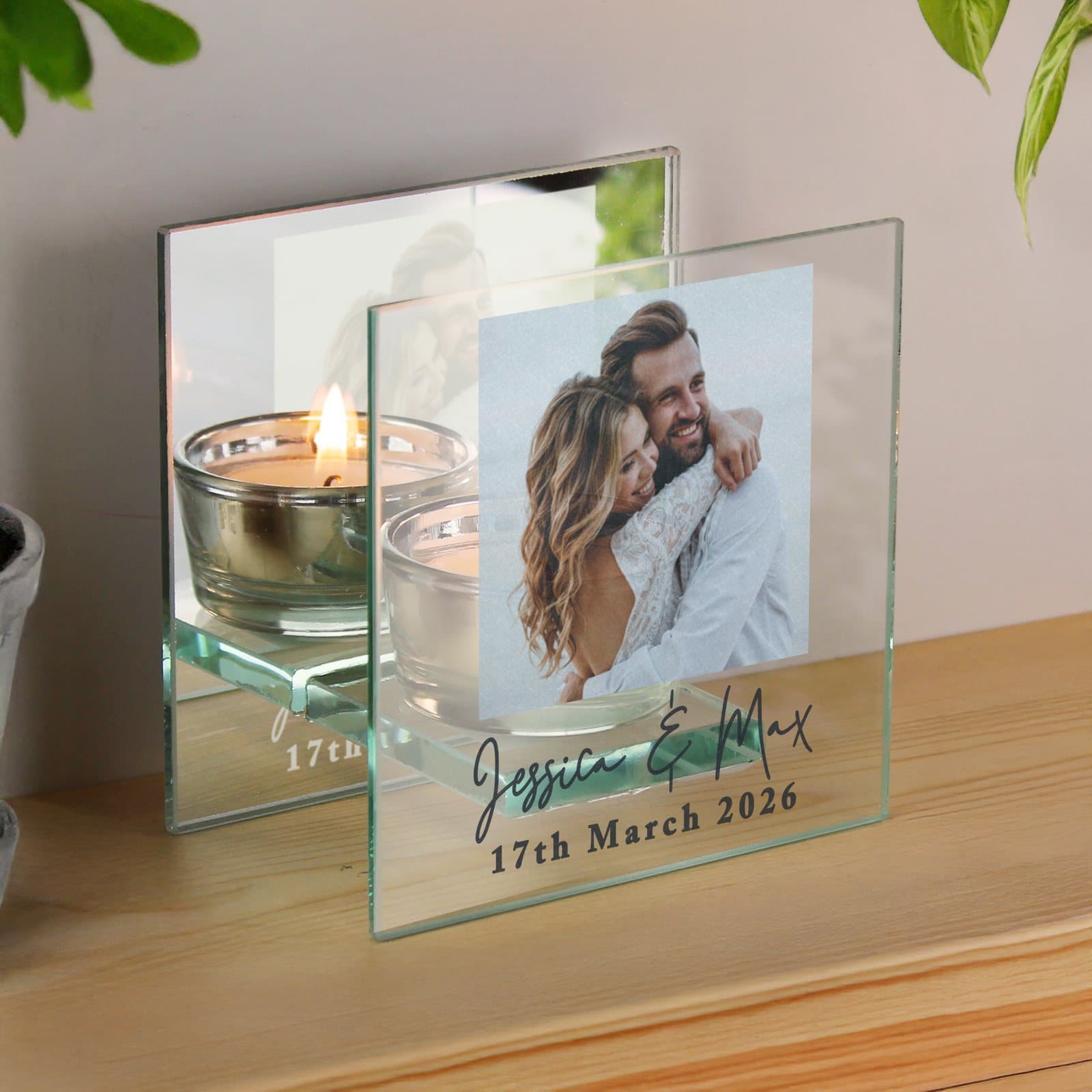 Mirrored glass tealight holder personalised with a photo and two lines of text