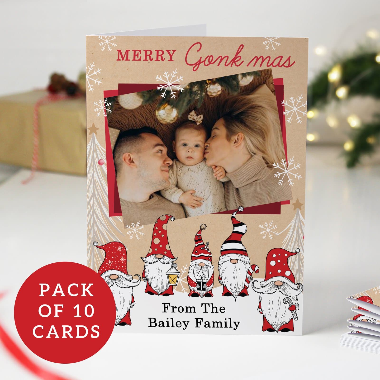 Gonk Christmas card with a photo and the text Merry Gonkmas