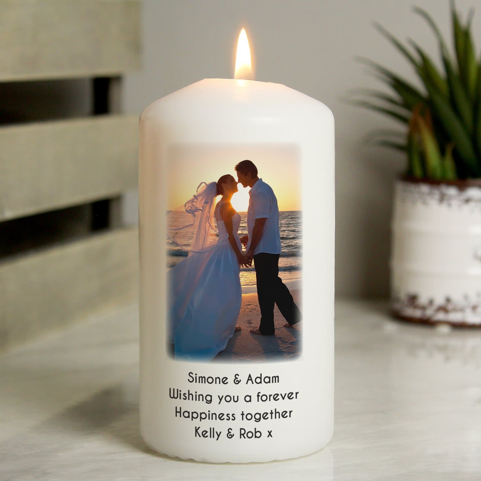 Pillar candle with a printed photo and four lines of personalised text