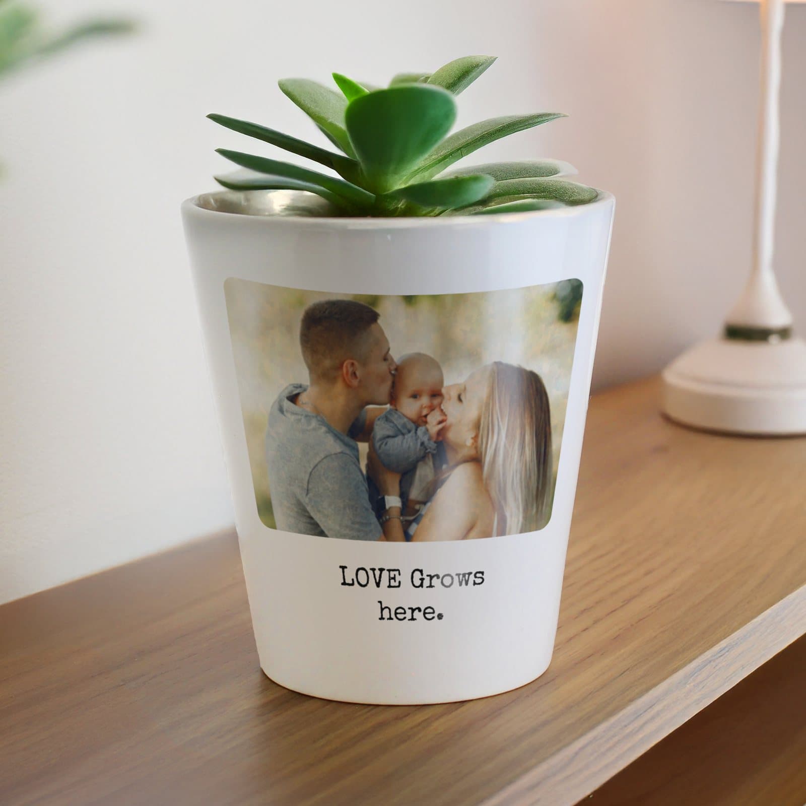 Small ceramic plant pot with a photo and two lines of text