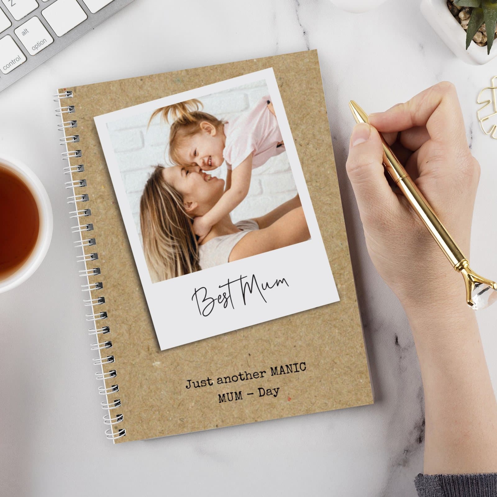 Notebook with a personalised photo and three lines of text on the front cover
