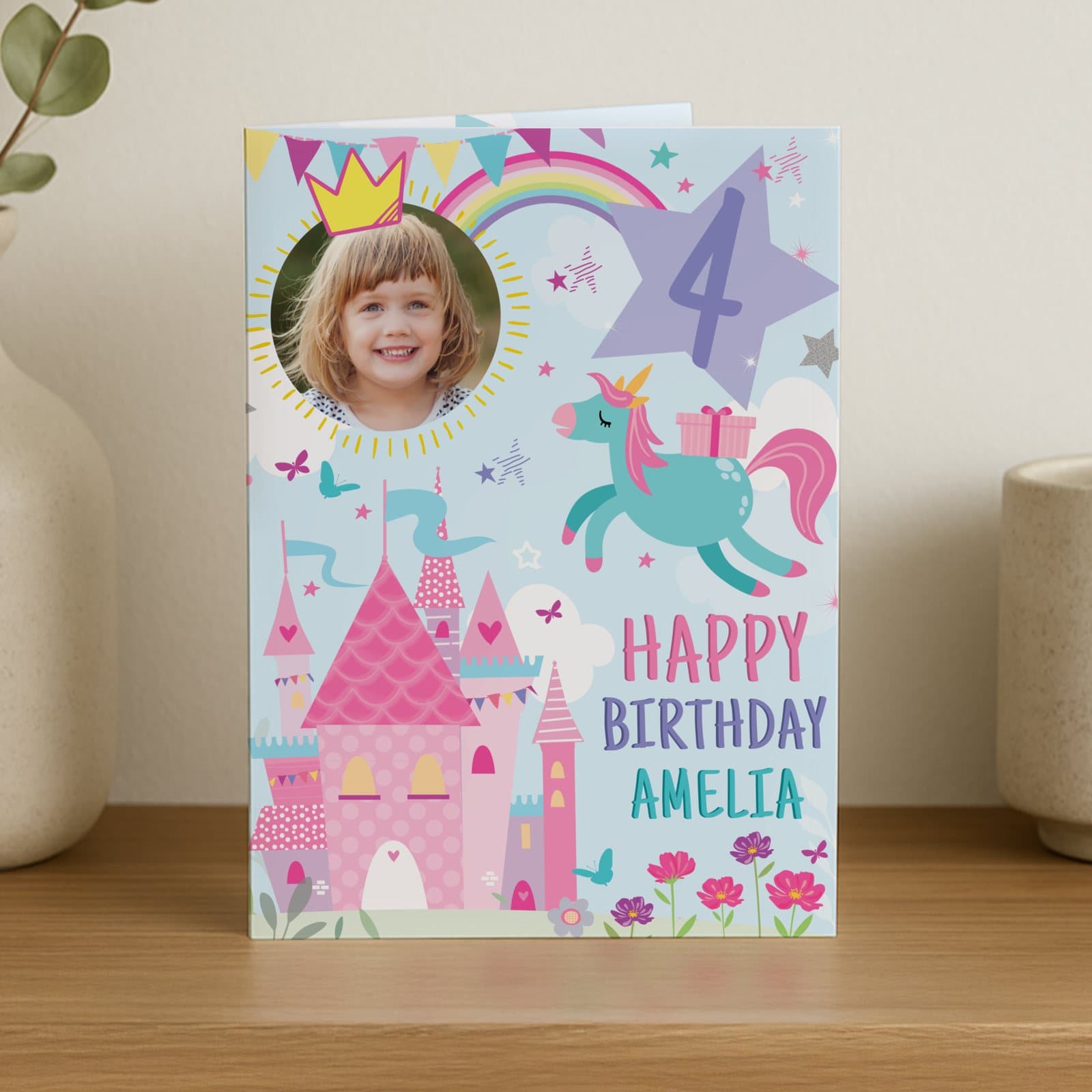 Personalised photo upload princess birthday card with a castle
