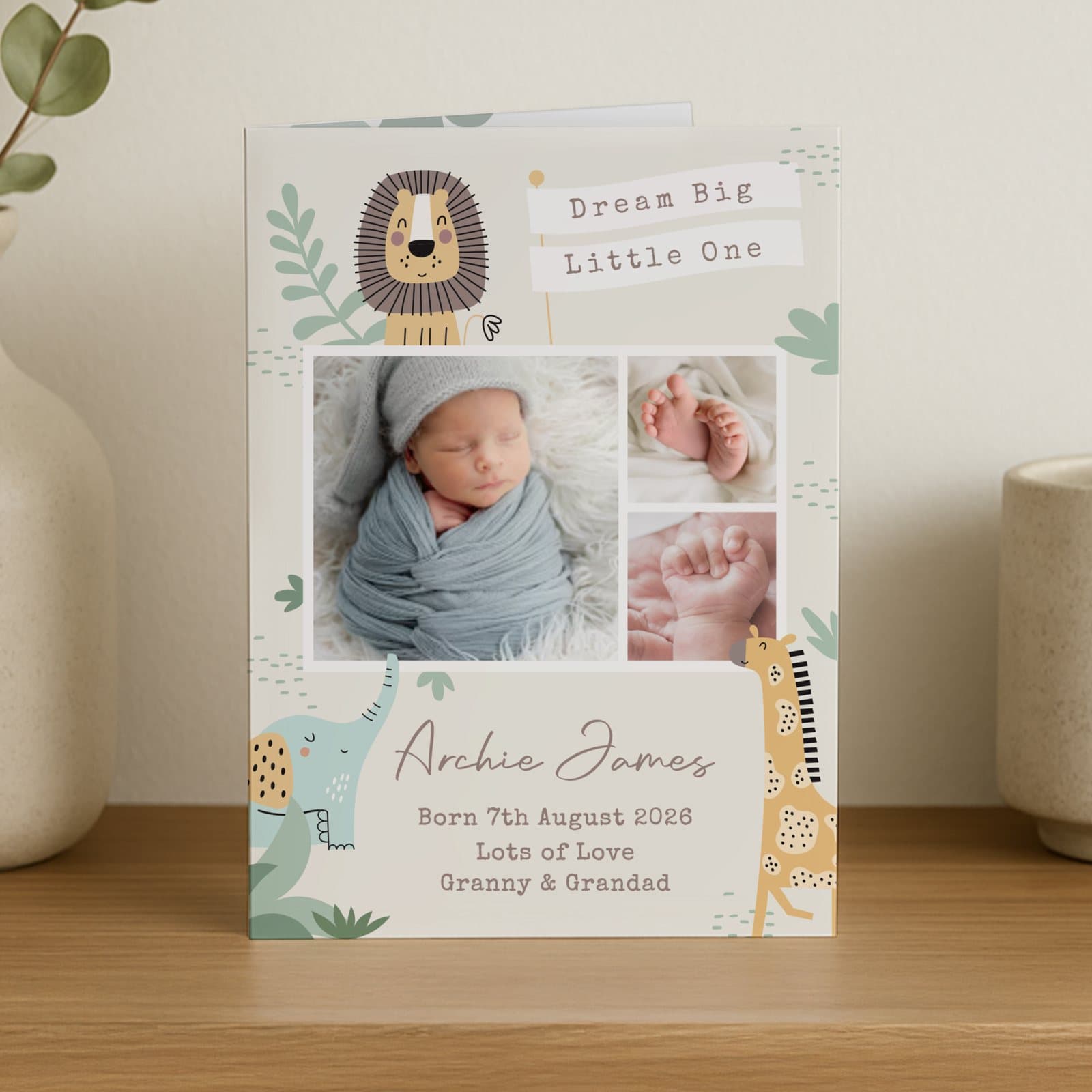 Safari animals new baby card with photos