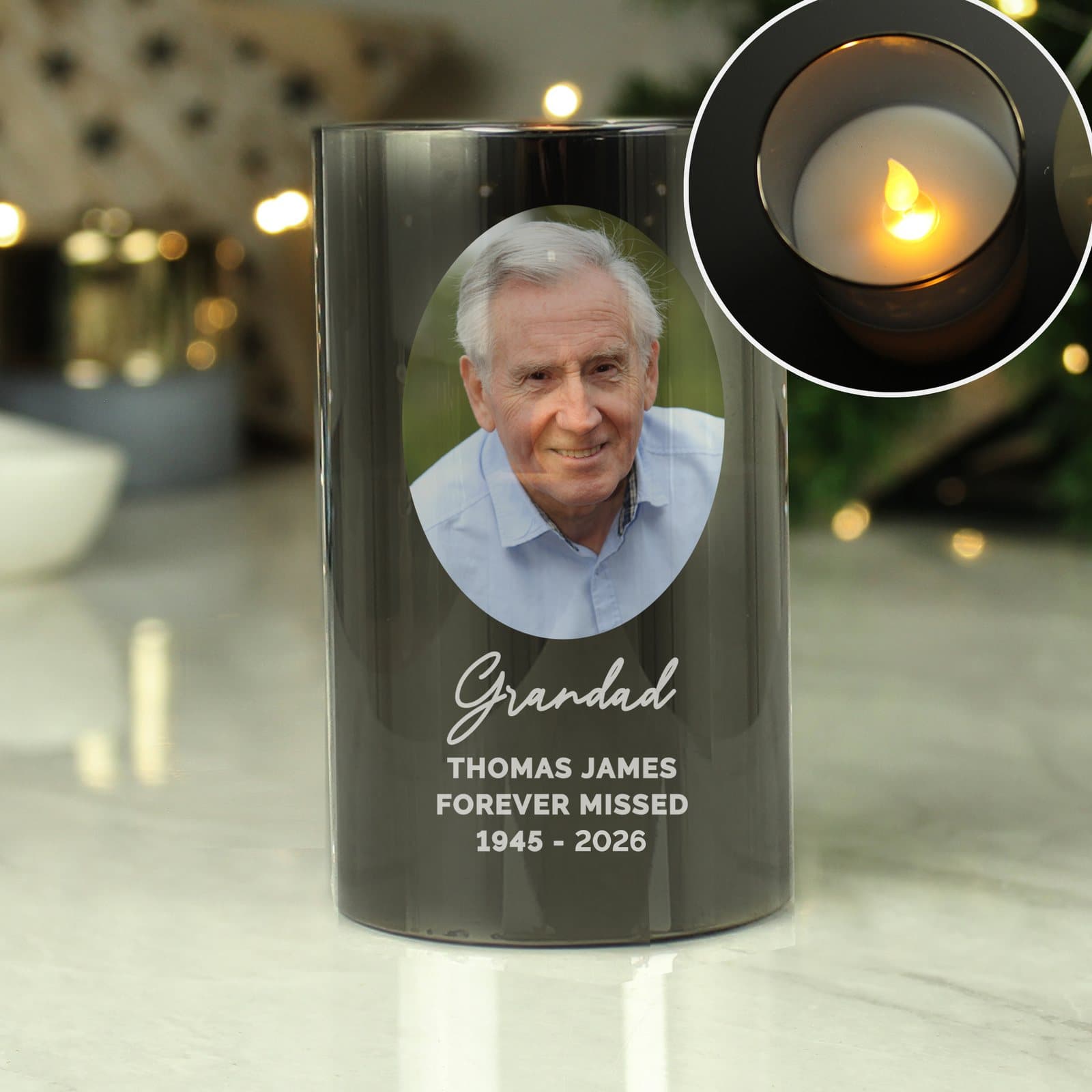 Smoked glass LED candle with a photo and message
