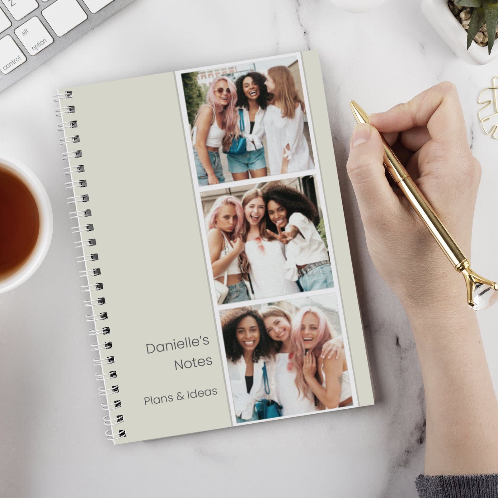 Notebook with three personalised photos and three lines of text on the front cover