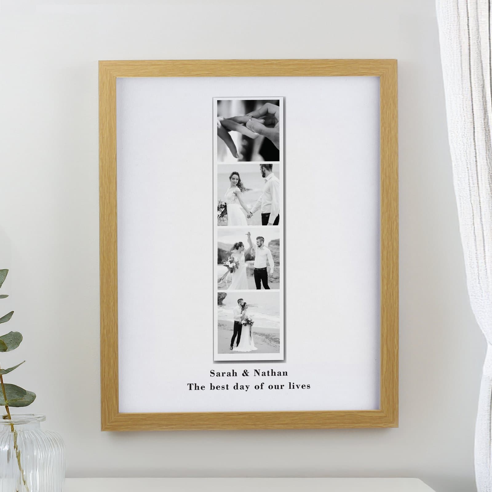 Oak portrait poster frame with several photos and a two-line message